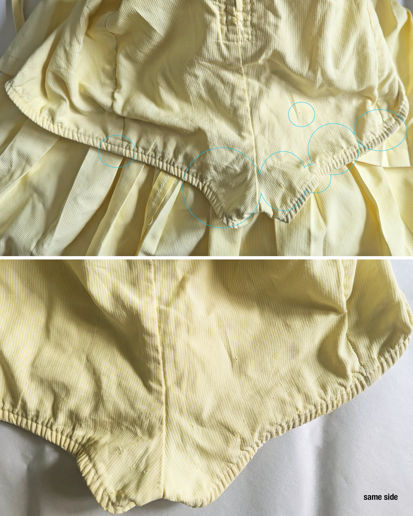 top view of the back of the bloomers showing scattered holes and dark marks. the photos show the same image