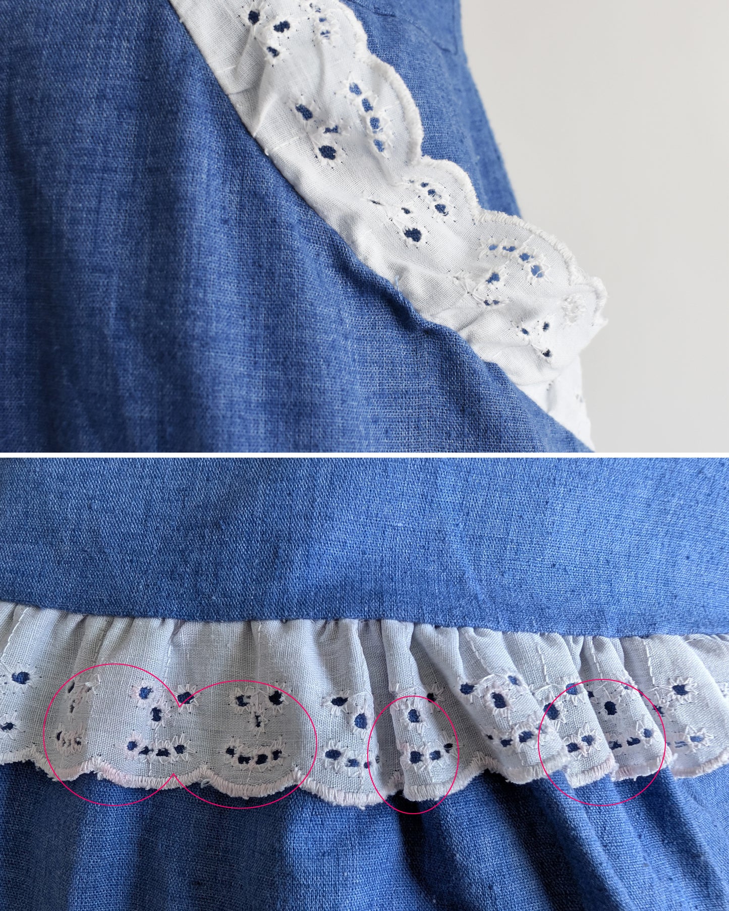 a top and bottom view of small flaws on the dress which include a repair and some pink marks