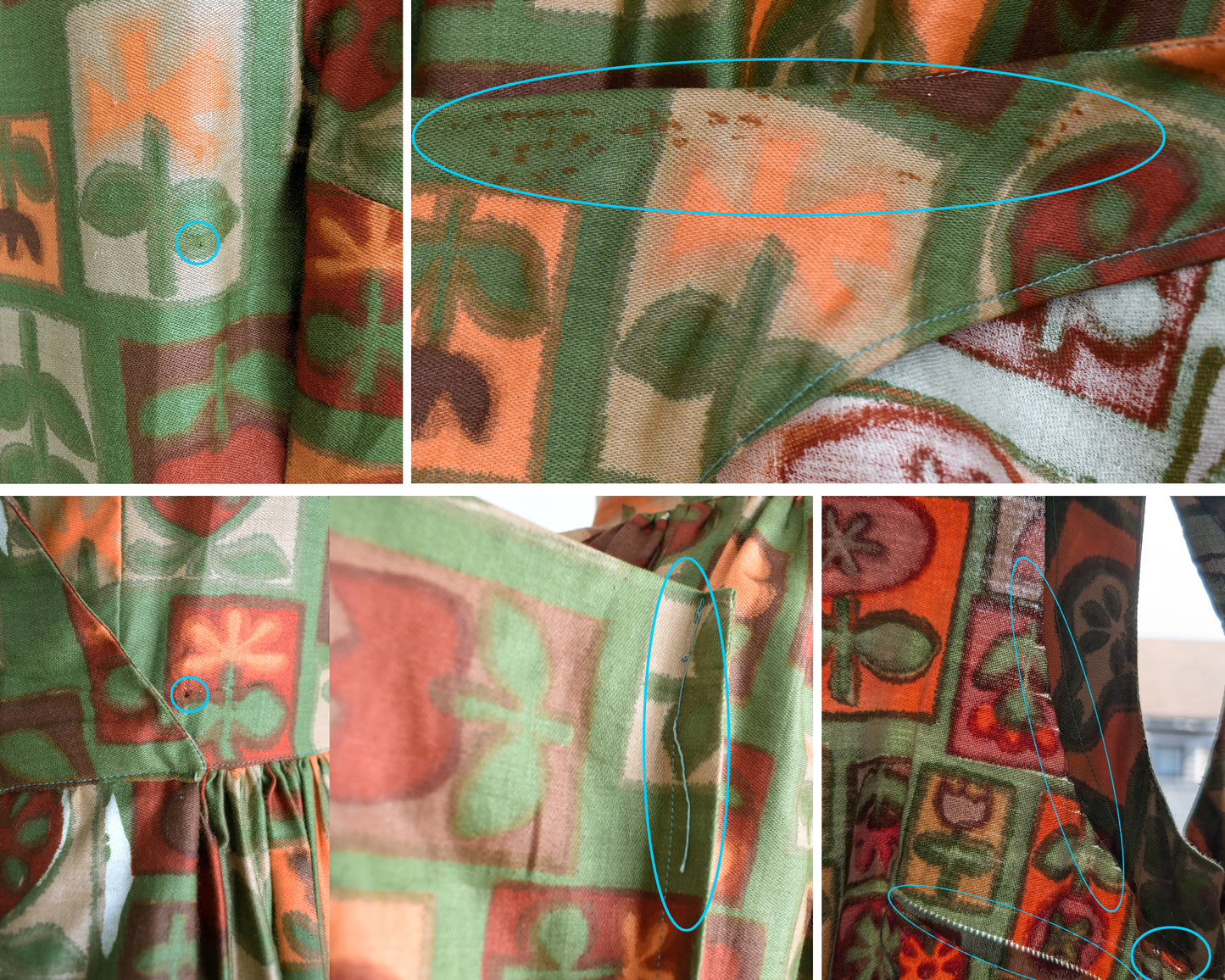 a photo collage that shows small flaws in the dress/fabric which include small holes, marks, and seam stressing