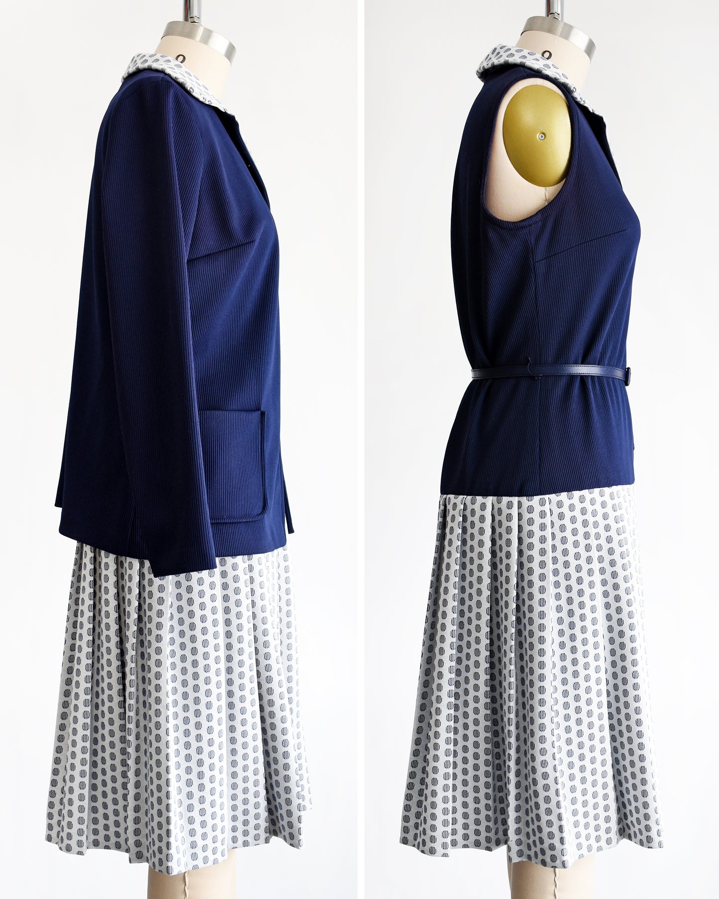 side by side view of the side of a vintage 1970s mod two piece set which features a navy blue jacket and matching dress