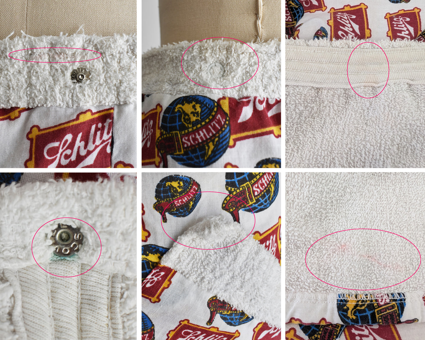 a photo collage showing small flaws like discolored spots on the waistband, and a pocket seam coming undone