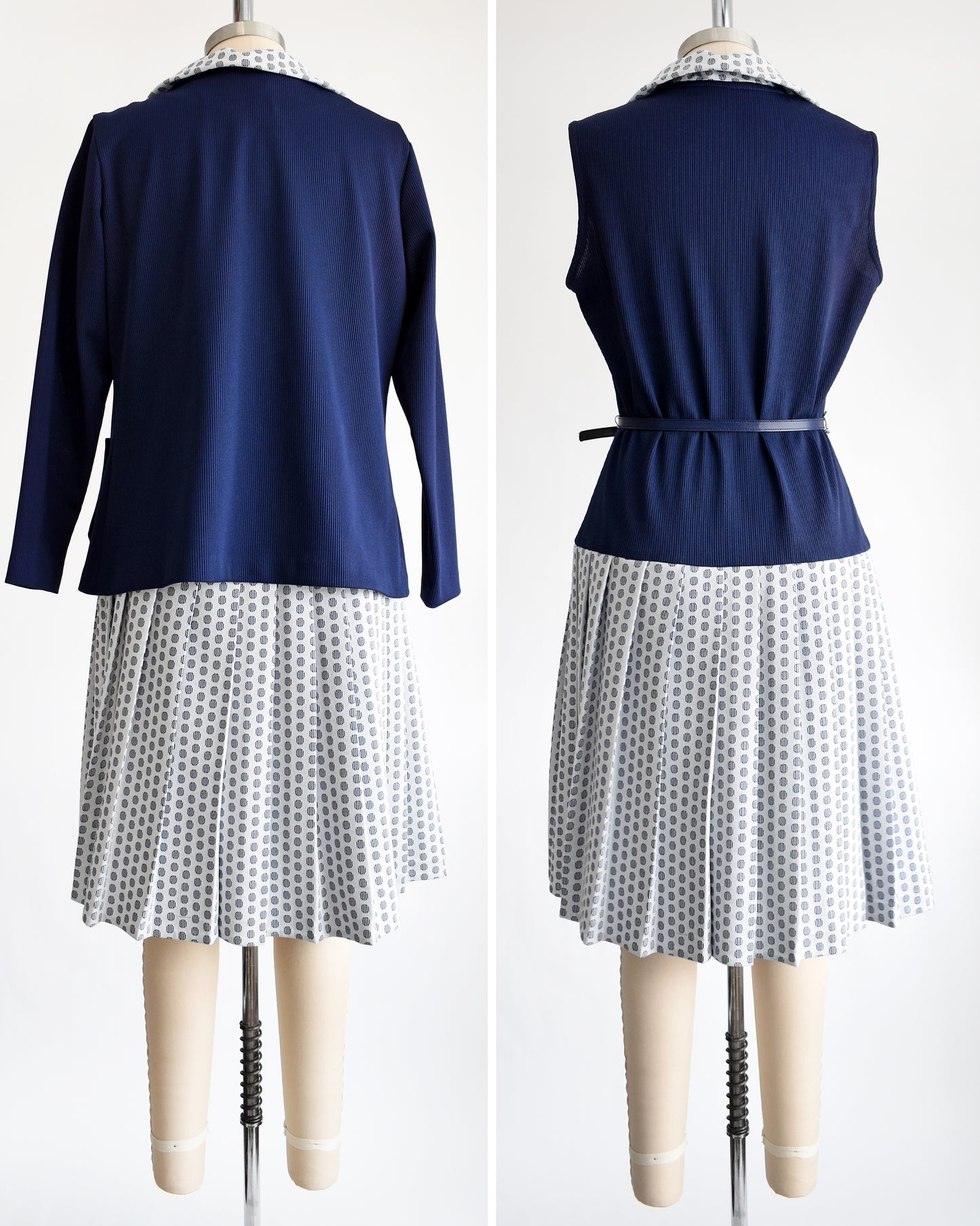 side by side views of the back of a vintage 1970s mod two piece set which features a navy blue jacket and matching dress
