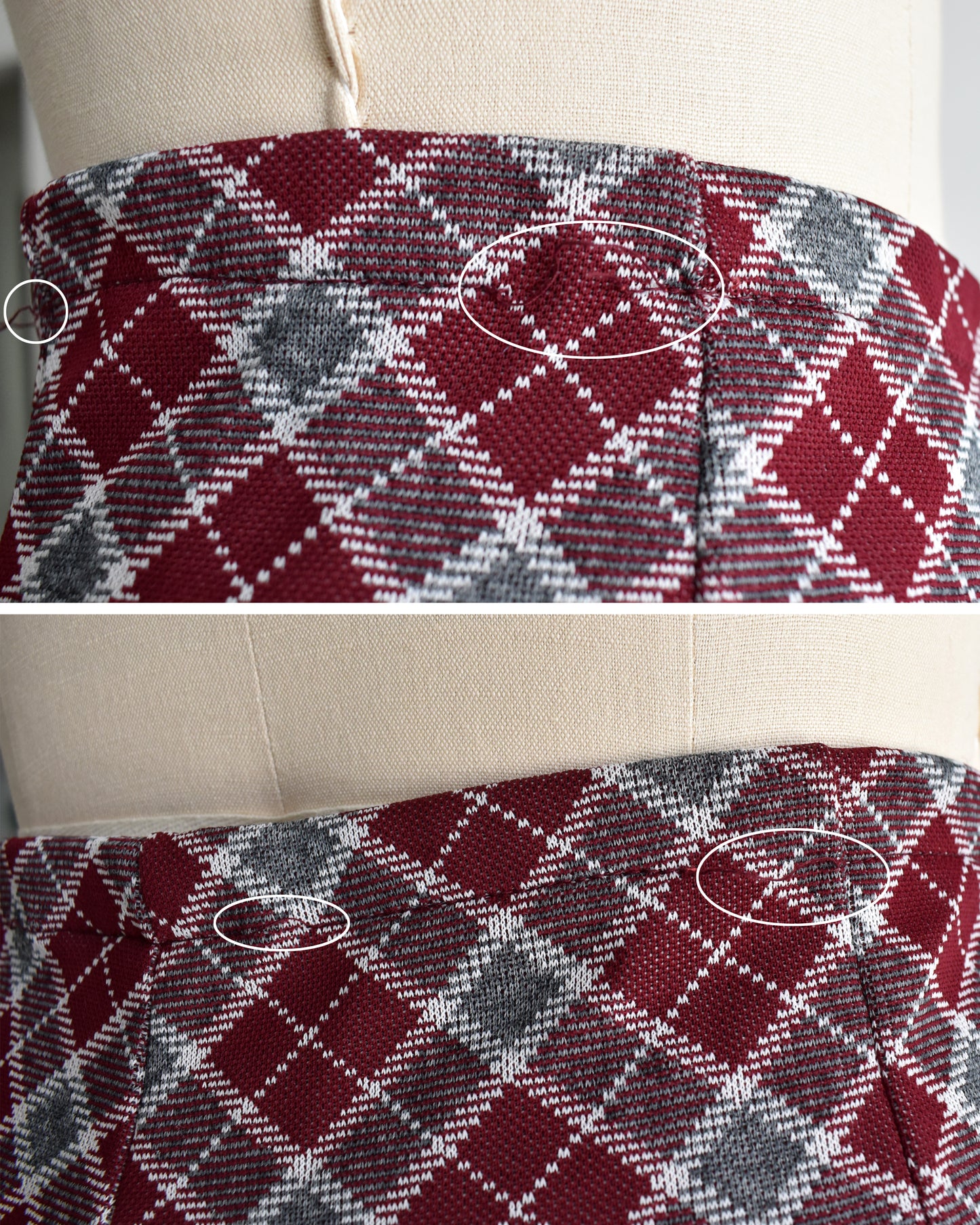 close up of the waistline showing pulls in the seam
