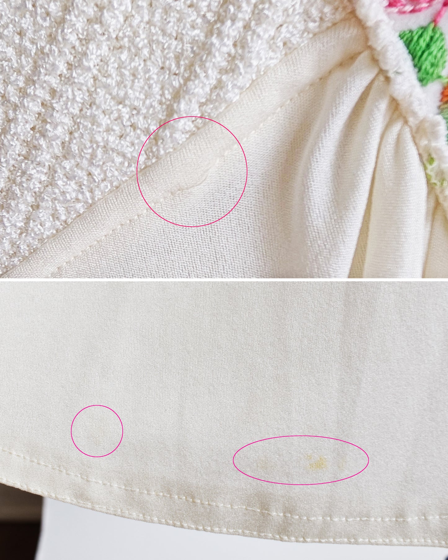 a photo collage of small flaws which show a small seam break on the empire waist and a few spots on the hem of the dress
