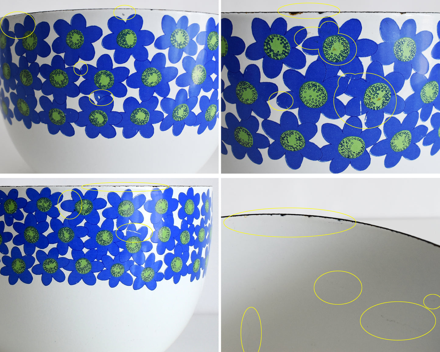 a photo collage of the bowl showing small flaws such as surfaces scratches and small discolored spots