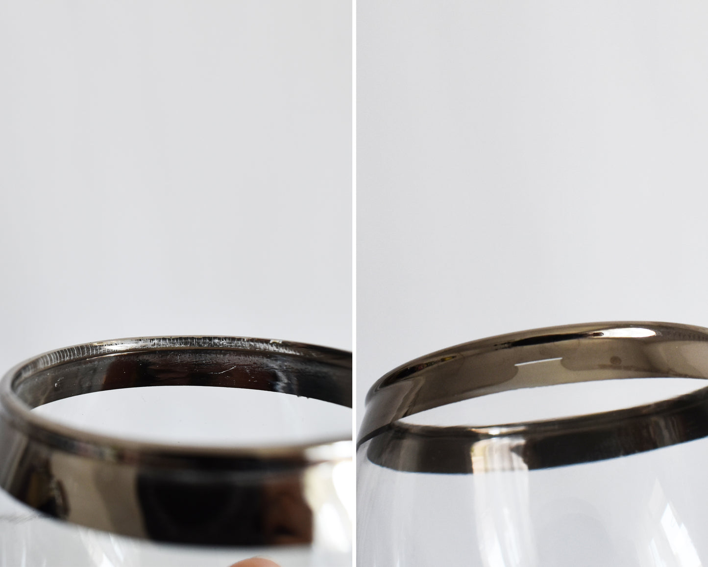 side by side close up of the rims of two of the glasses showing small flaws