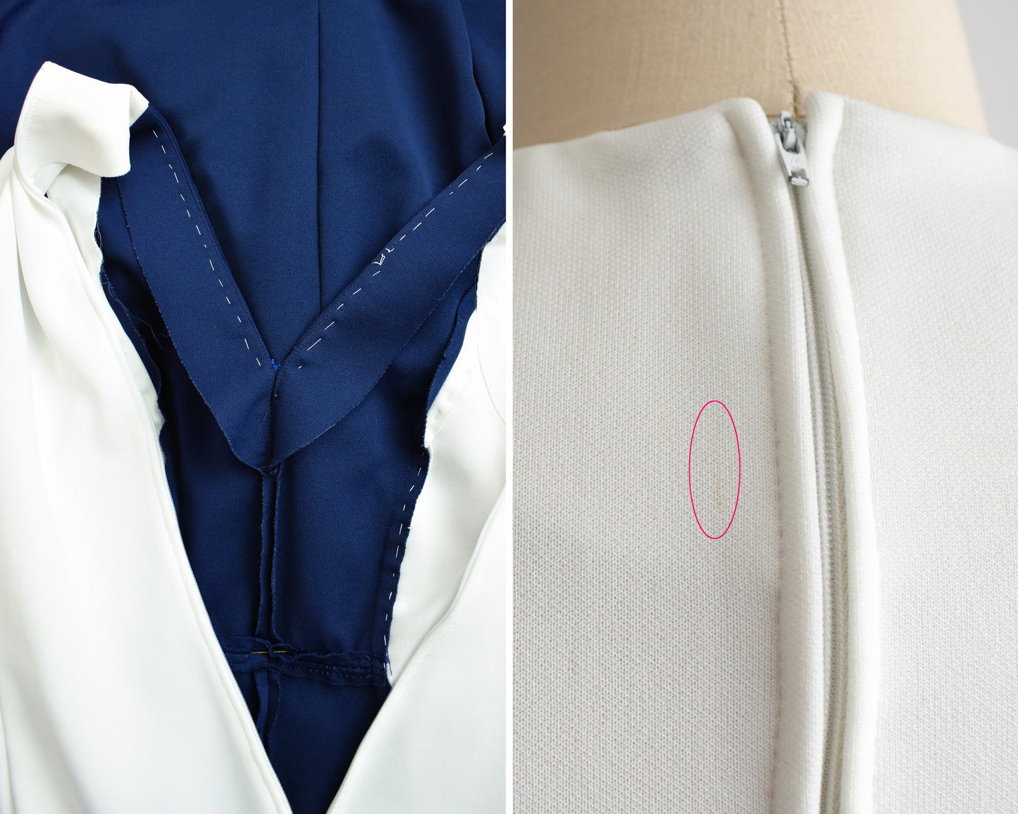 Side by side photos. The left shows the stitching of the applique which may have been added by hand by the previous owner. The right photo shows a small mark that didn't come out during cleaning.
