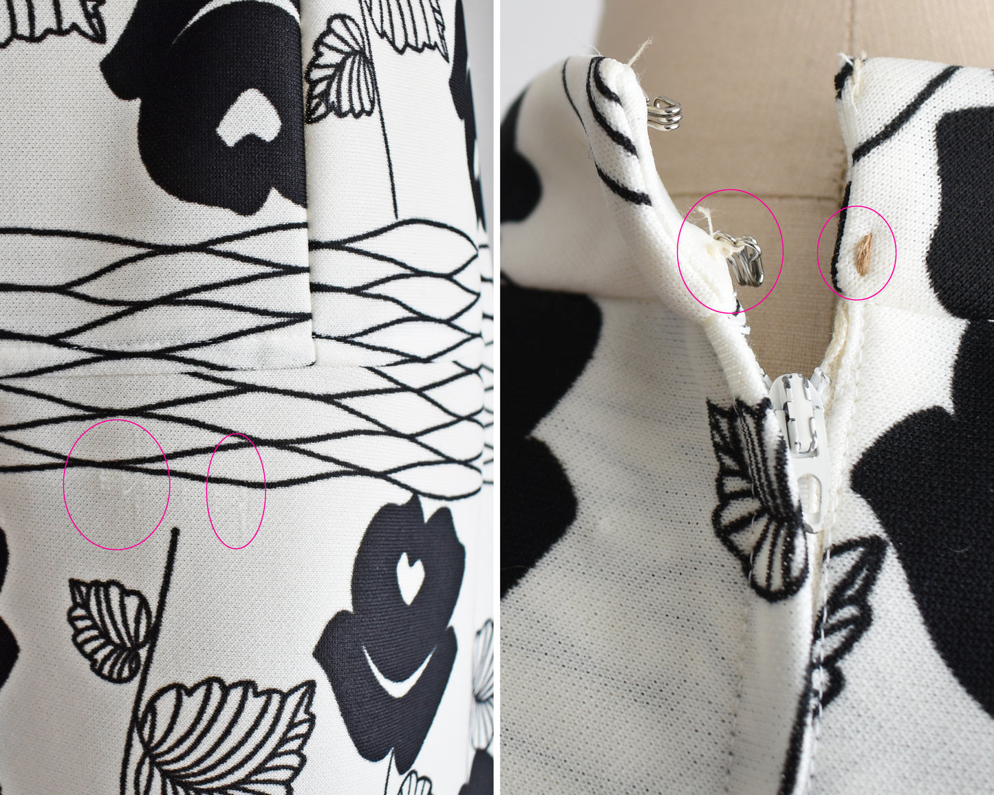 Close up of small flaws which show small pulls int he fabric on the left and a loose hook and discolored loop on the right.