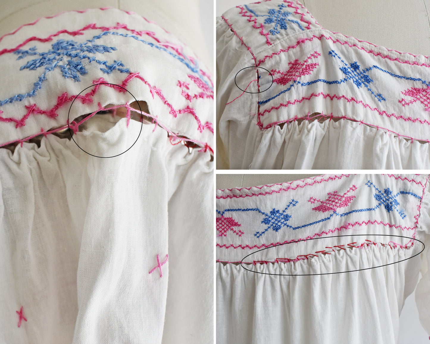 a photo collage showing small flaws in the blouse including two broke stitches and some visible mending with red threads