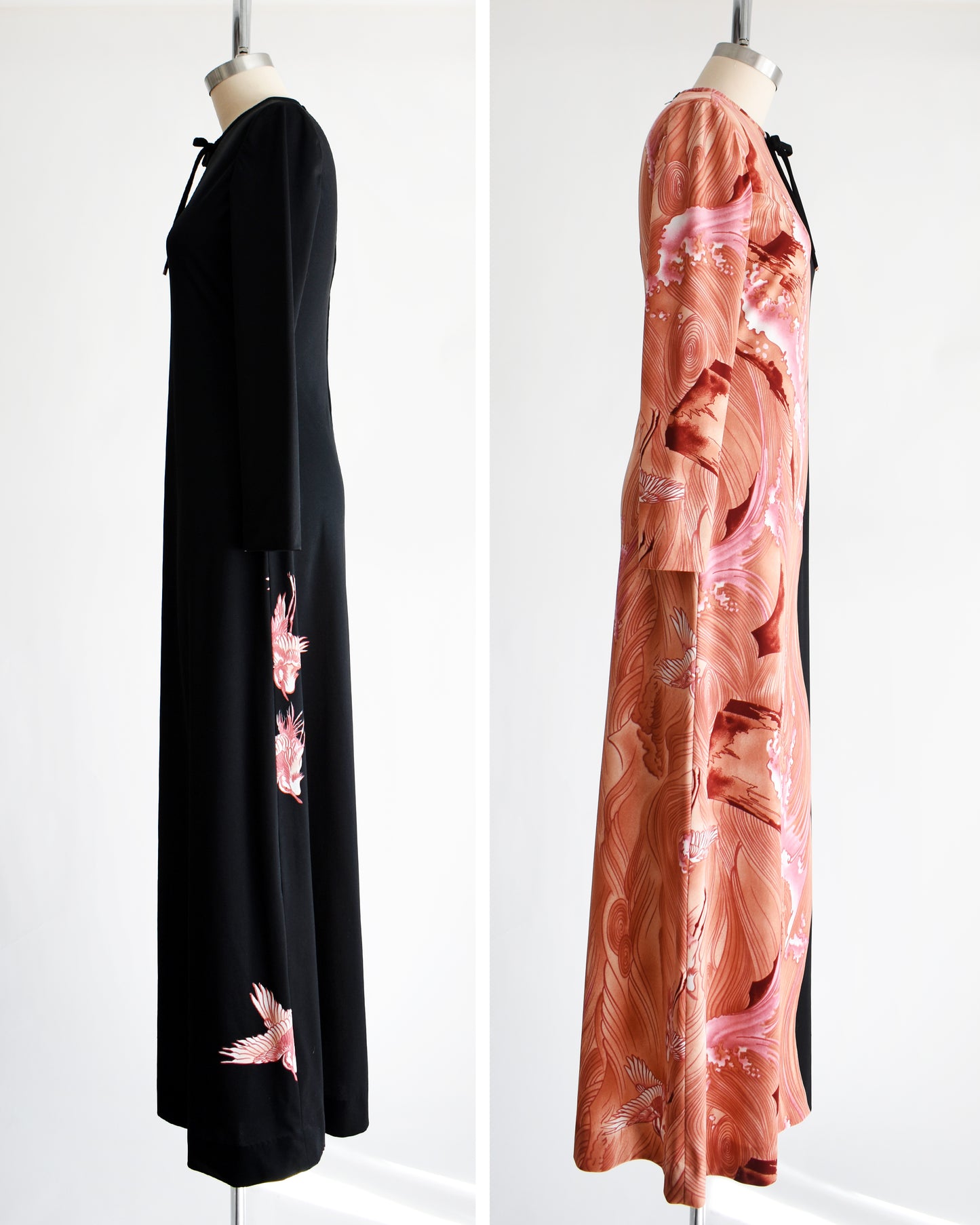 side by side views of a vintage 1970s dress that has a pink waves and birds on one side and sold black on the other on a mannequin against a white background