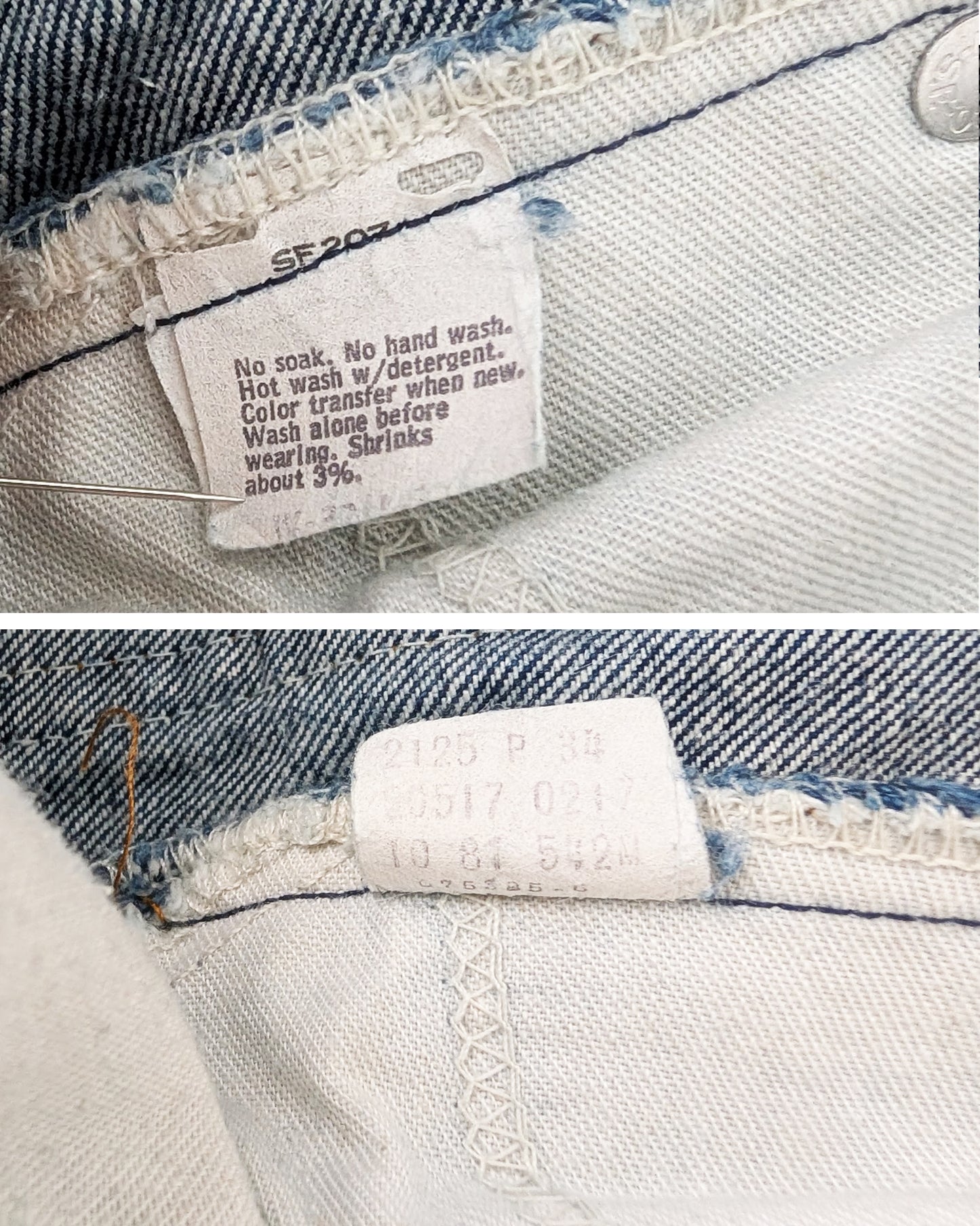Close-up of denim fabric with care label and stitching details.