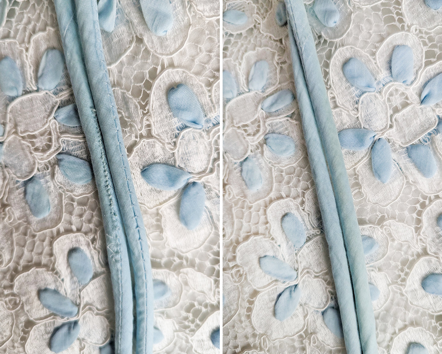 Side by side photos of small flaws on the belt. The left photo shows a mended seam and the right shows a small discolored spot on the other belt.