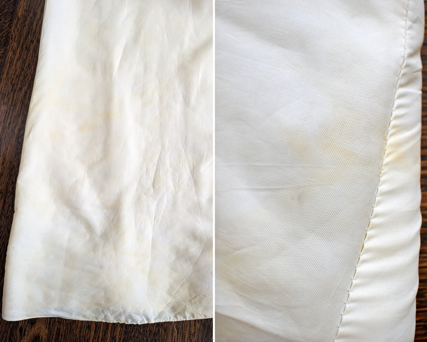 side by side view of discolored yellowing on the inside of the lining