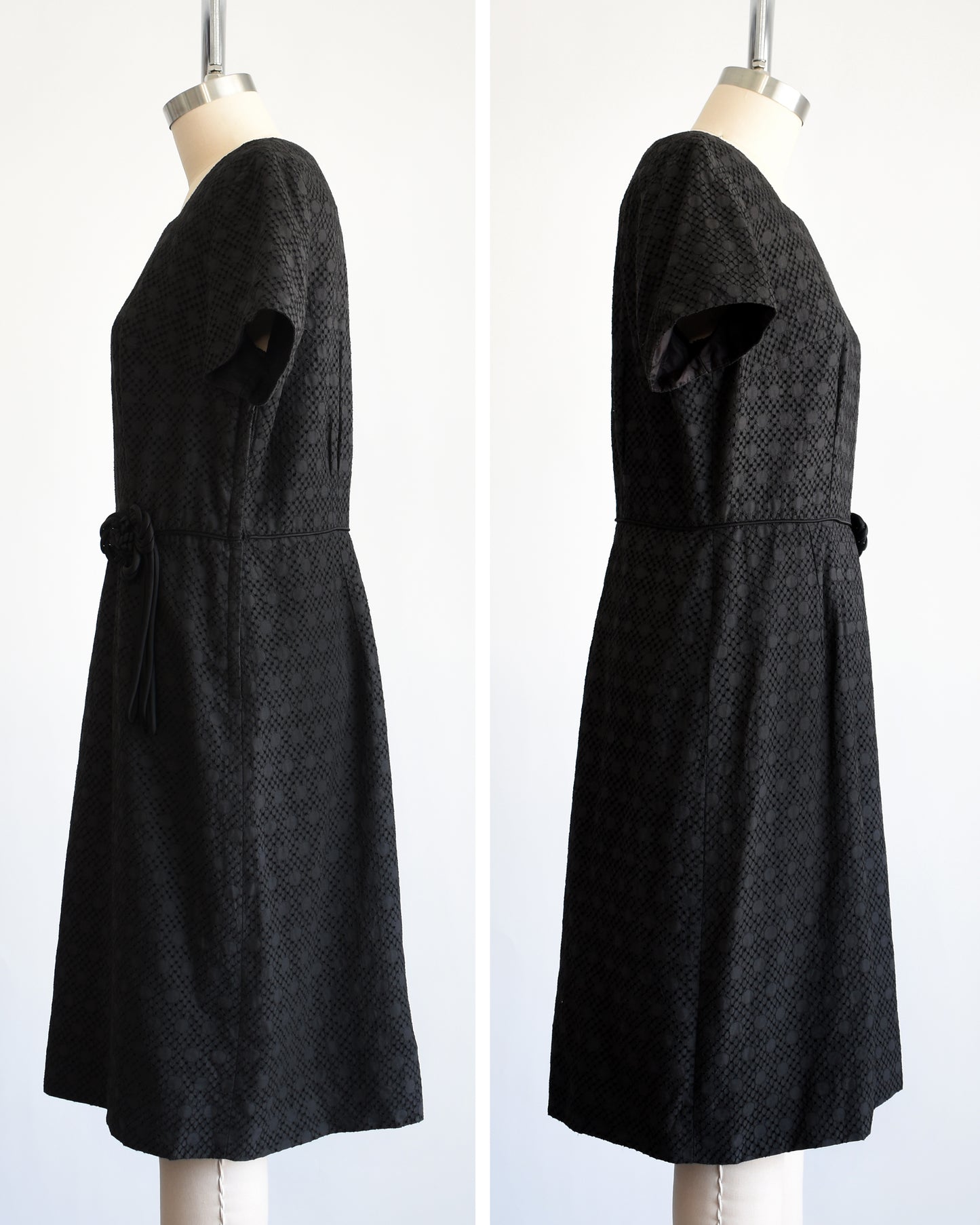 side by side view of the side of a vintage 1960s black eyelet dress on a mannequin on a dress form