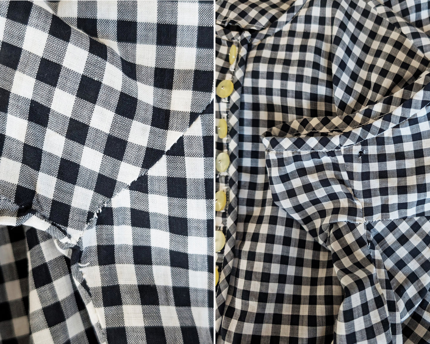 a photo collage of small flaws which include some seam visible seams on the underarms and s a small hole on the back of the left sleeve