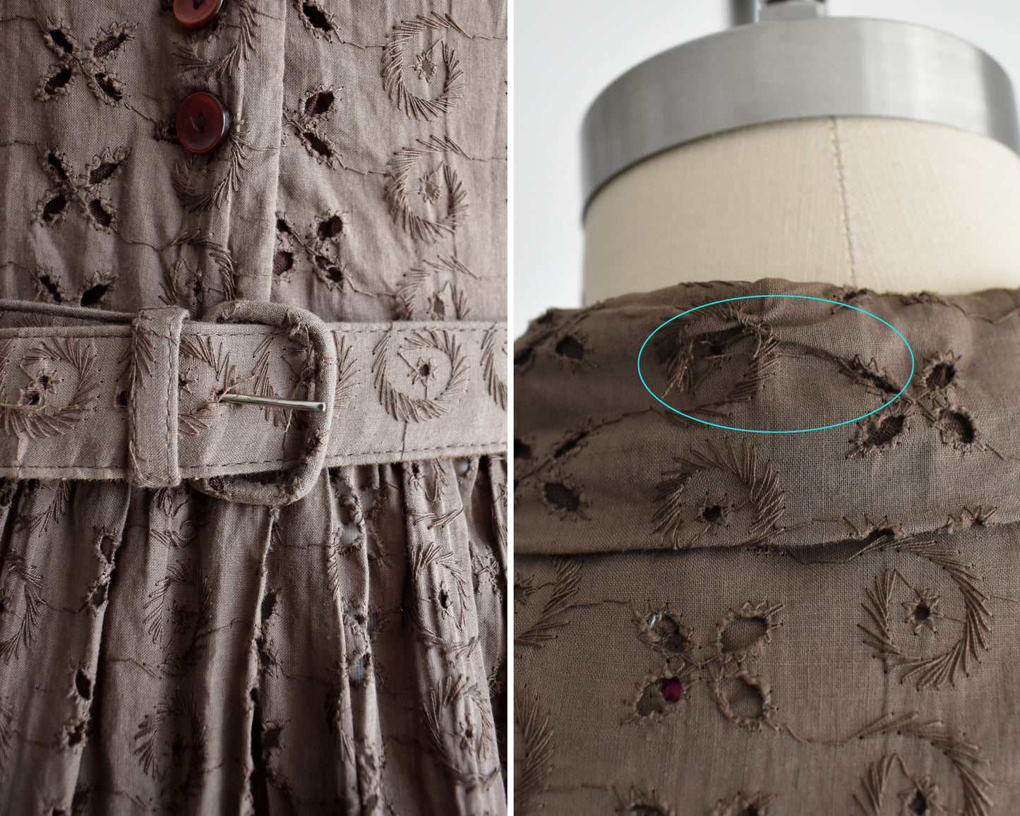 side by side of flaws which include on the left some wear on the belt buckle and a mend on the back of the collar