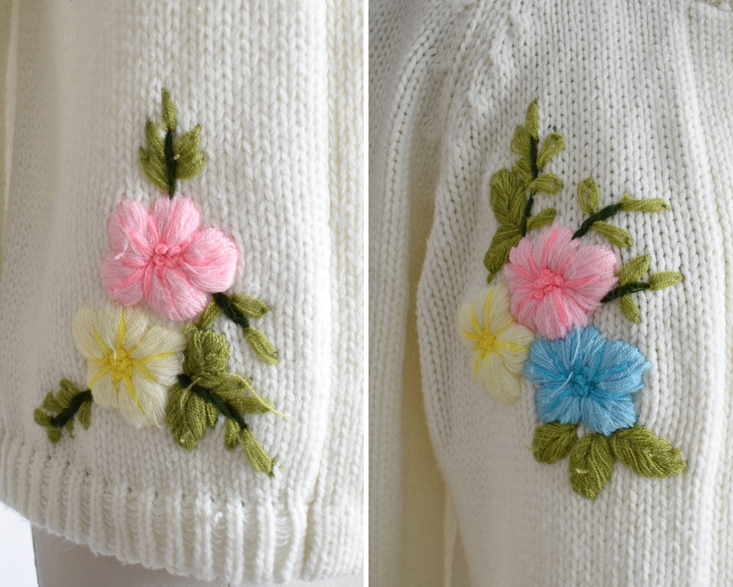 close up of the floral embroidery that has some pilling and pulls