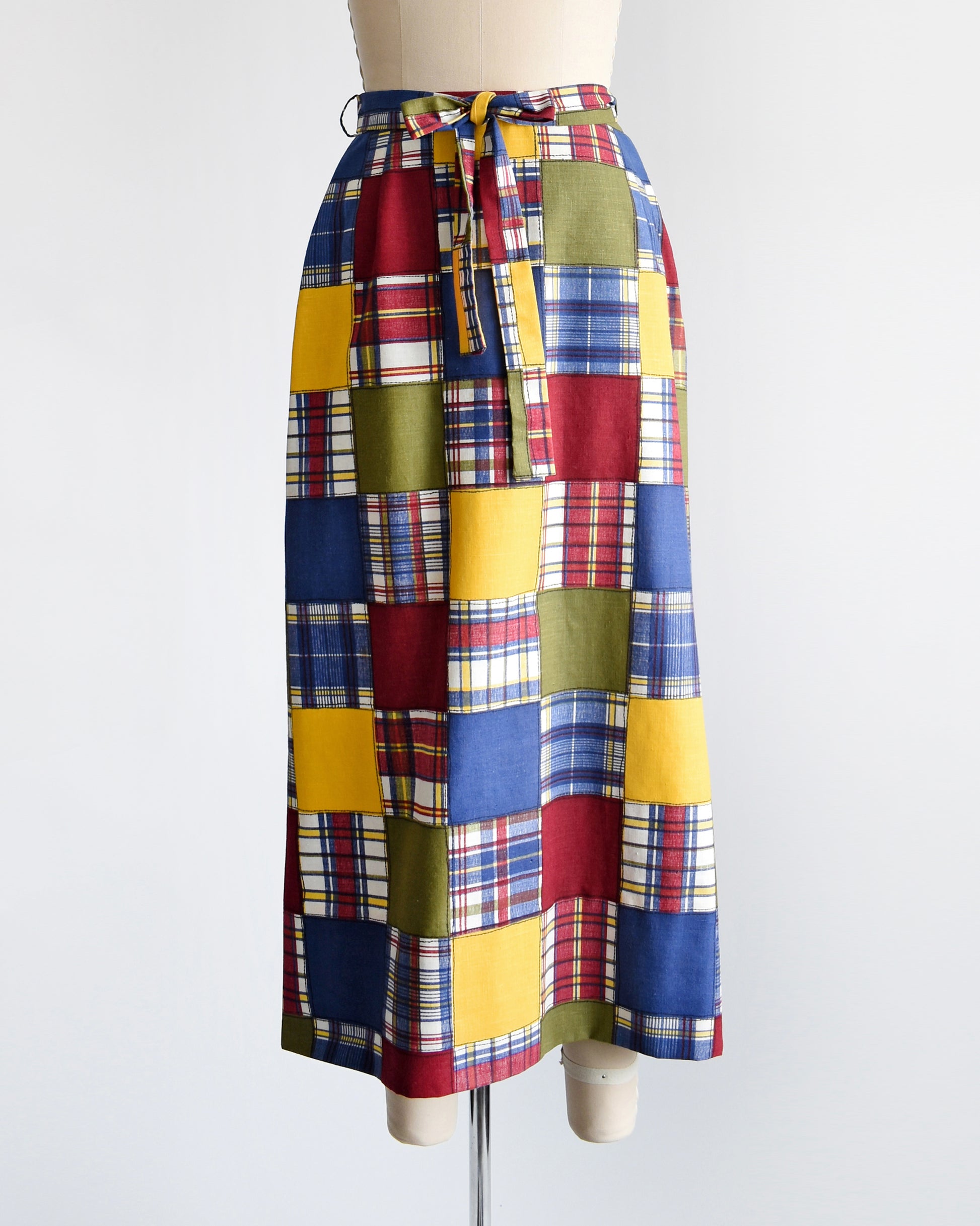 a vintage 1970s patchwork madras plaid maxi skirt with matching tie belt