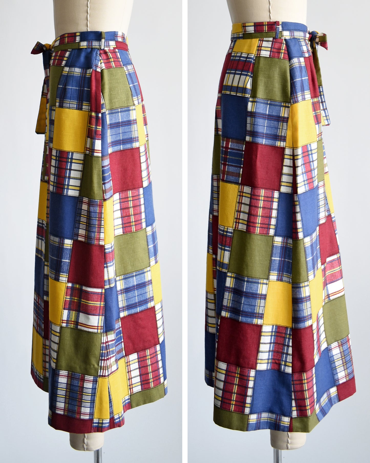 side by side views of vintage 1970s patchwork madras plaid maxi skirt with matching tie belt