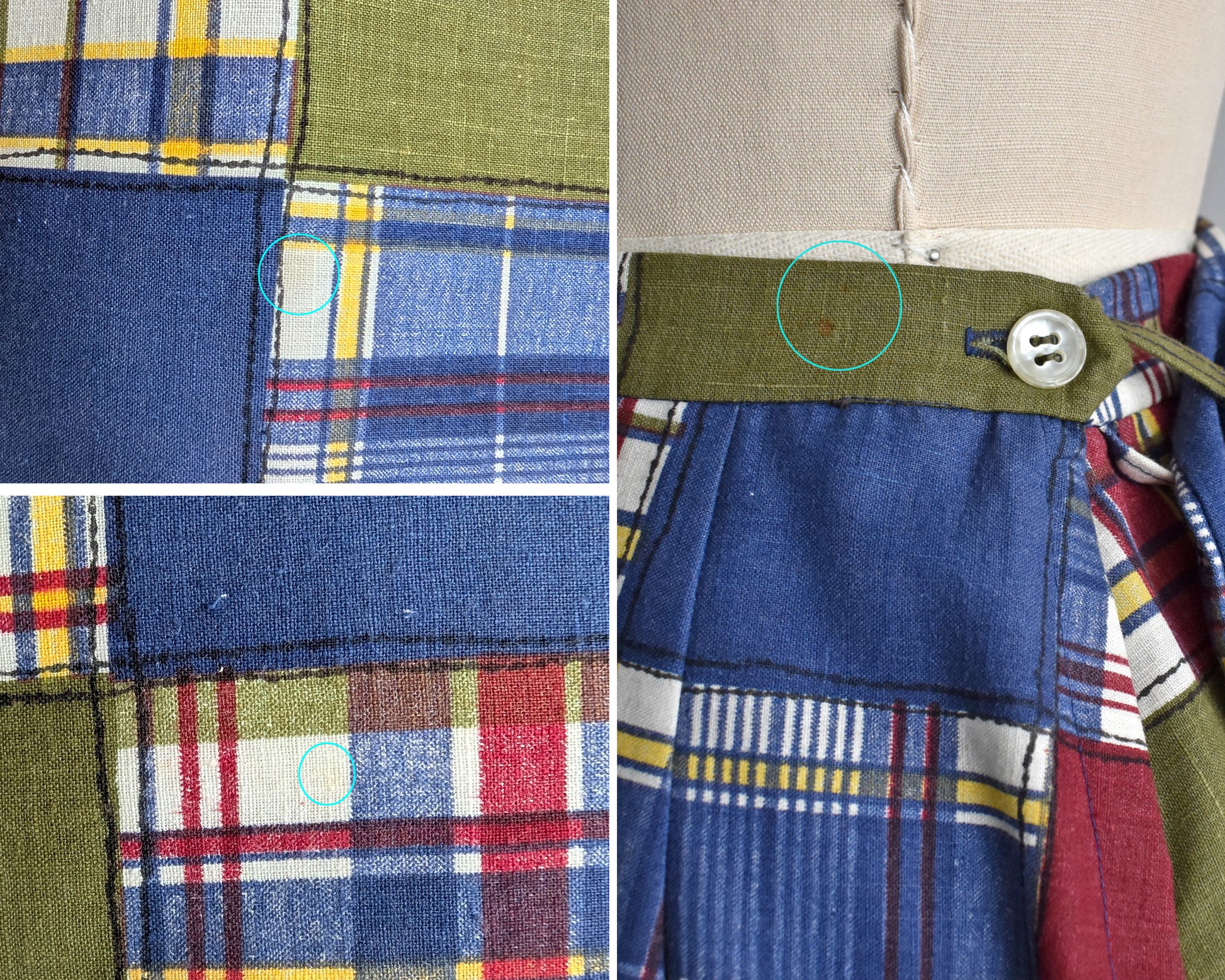 a photo collage of some small flaws which include some faint orange spots on the skirt and an orange spot on the waist