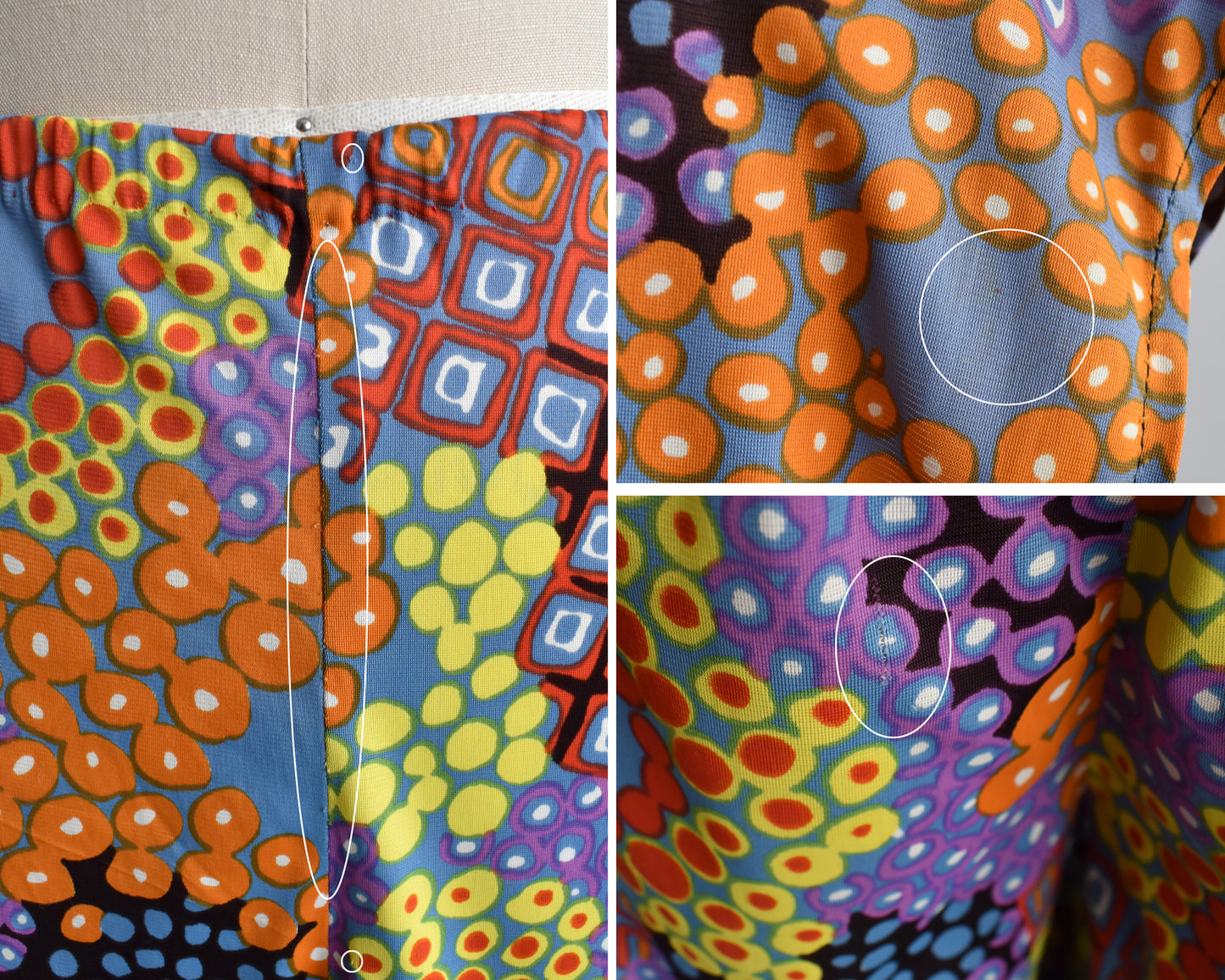 A photo collage of small flaws. The left shows some small pulls on the pant seams, the top right shows a small mark on the cap sleeves, and the bottom right shows a small run in the pants