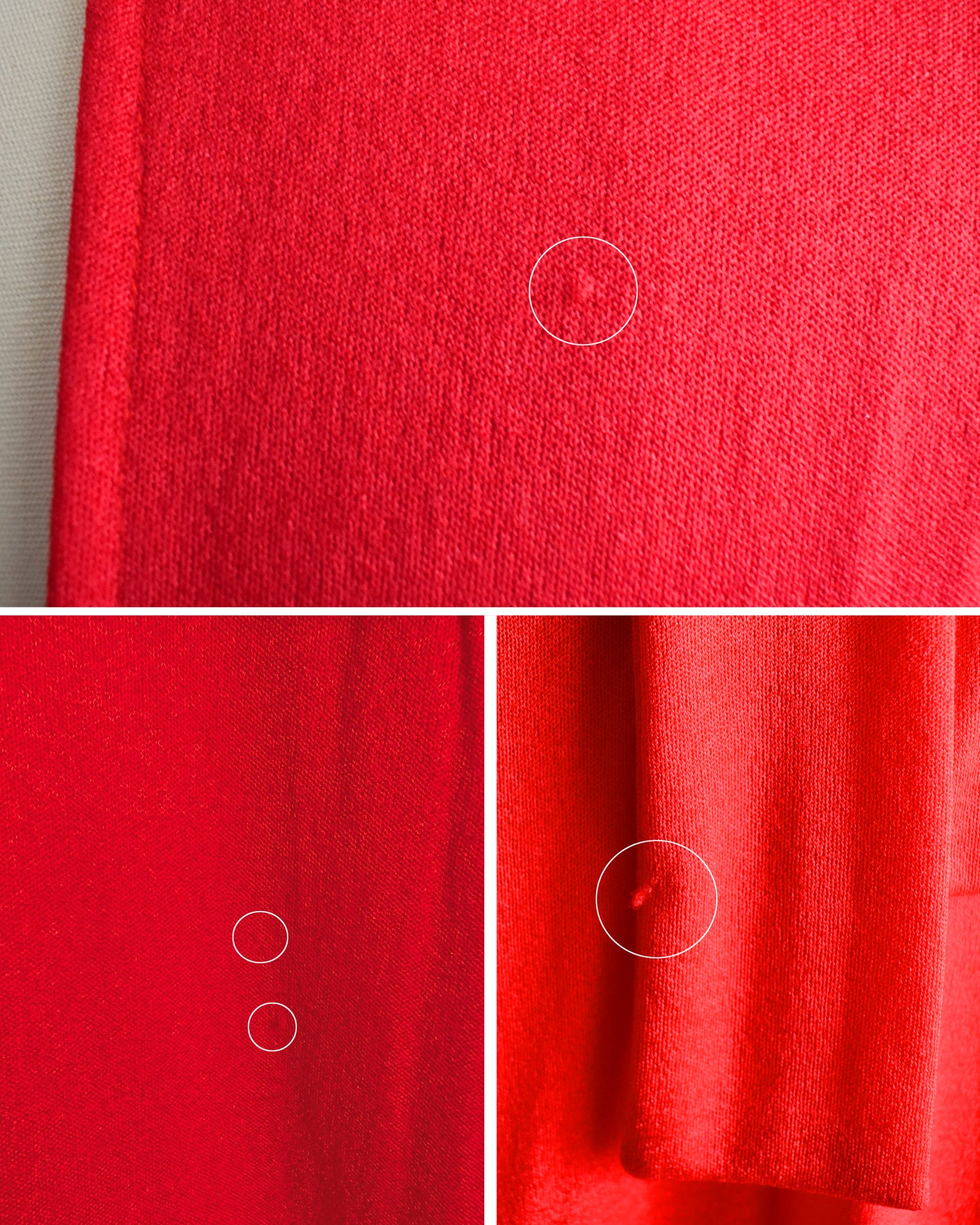 a collage showing small pulls circled on the dress
