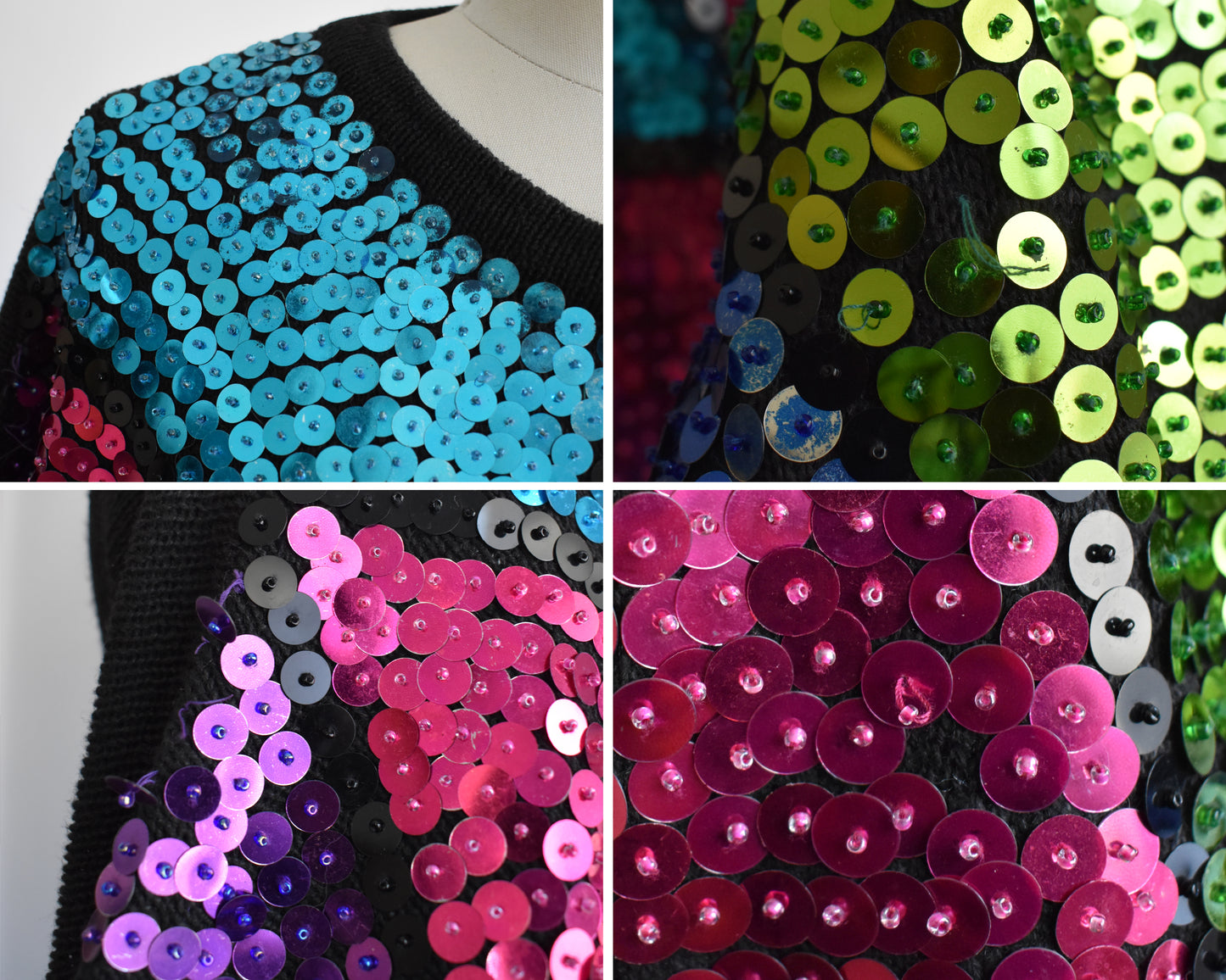 a photo collage of small flaws which include some tarnished sequins and missing sequins