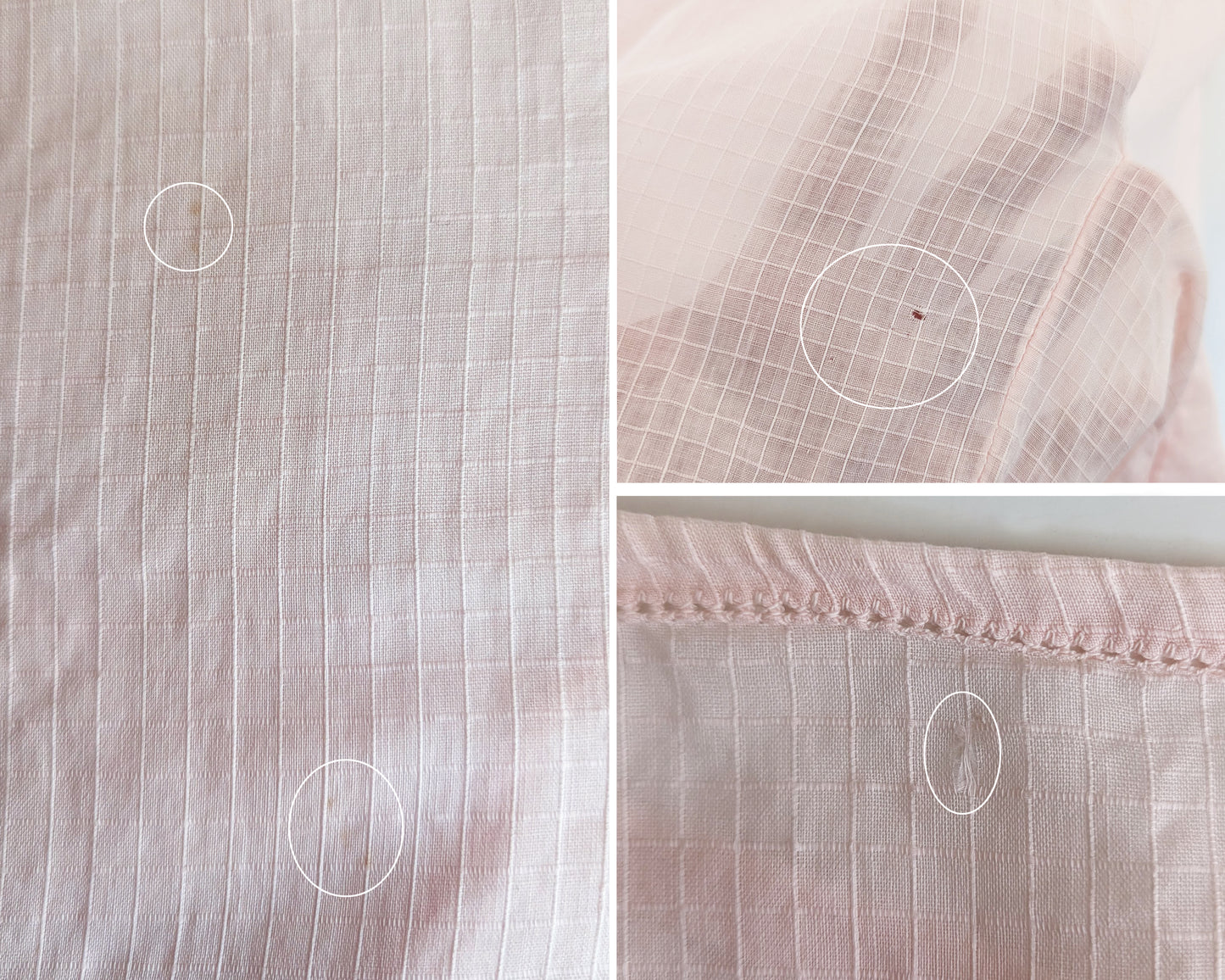 A photo of collage of small flaws which include on the left: a few faint marks on the back. Top right: small scattered holes on the front near the leg. Bottom right: a small fray on the back near the top.