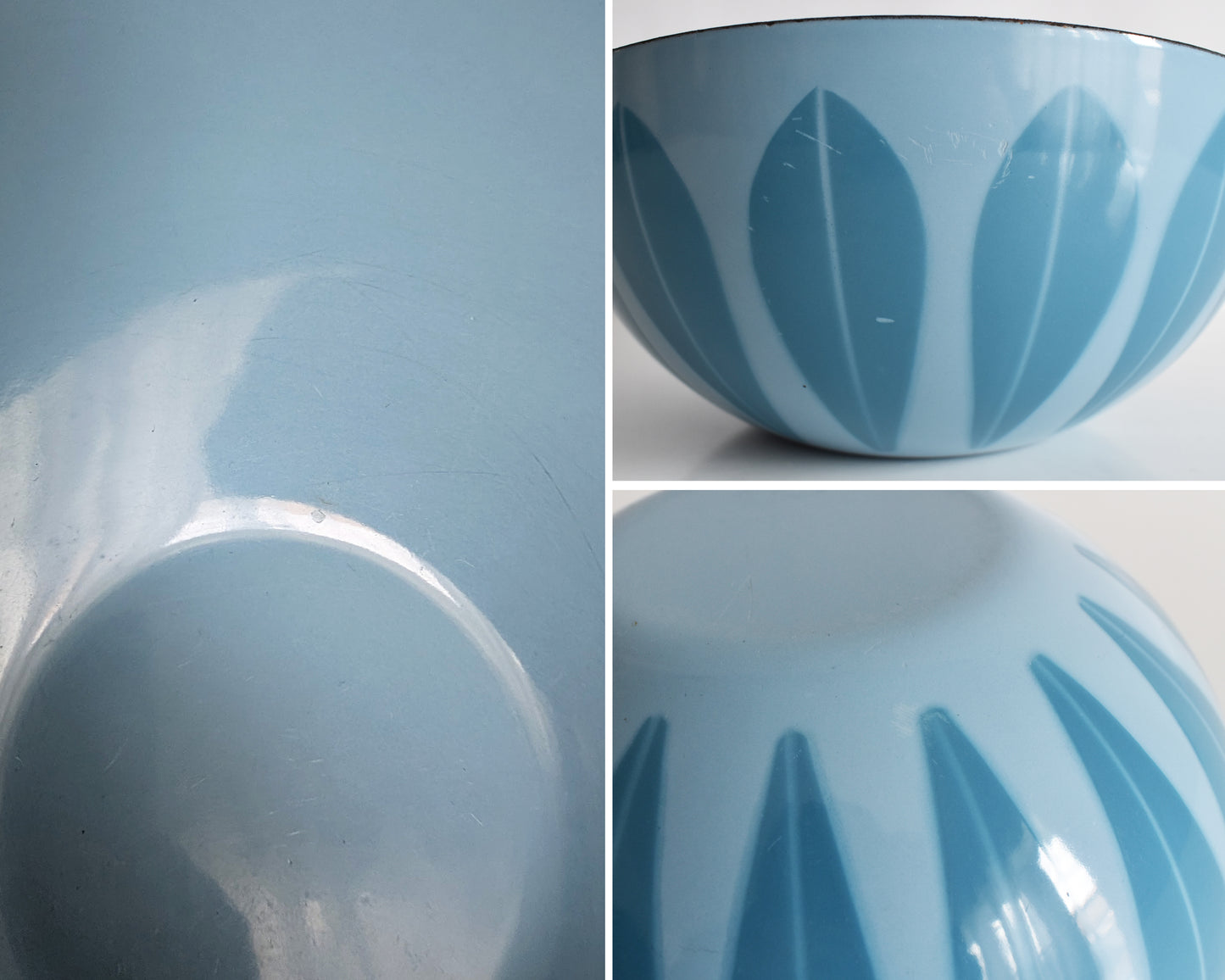 a collage of a a vintage 1960s Cathrineholm lotus bowl which shows small flaws like surface scratches