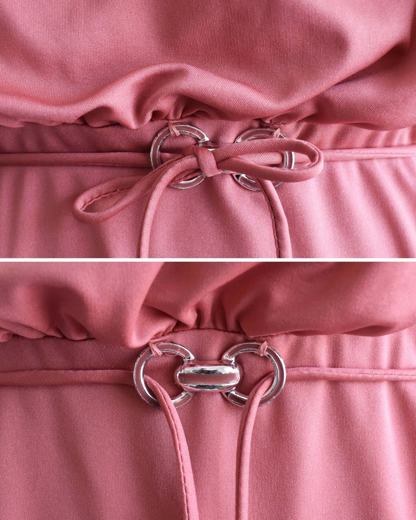 Top and bottom photo of the silver accent and belt at the center of the waist.