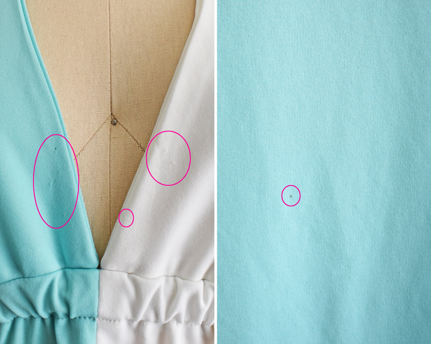 Side by side photos of small flaws. On the left shows some small pin holes on the front, and the left shows a small mark on the back.