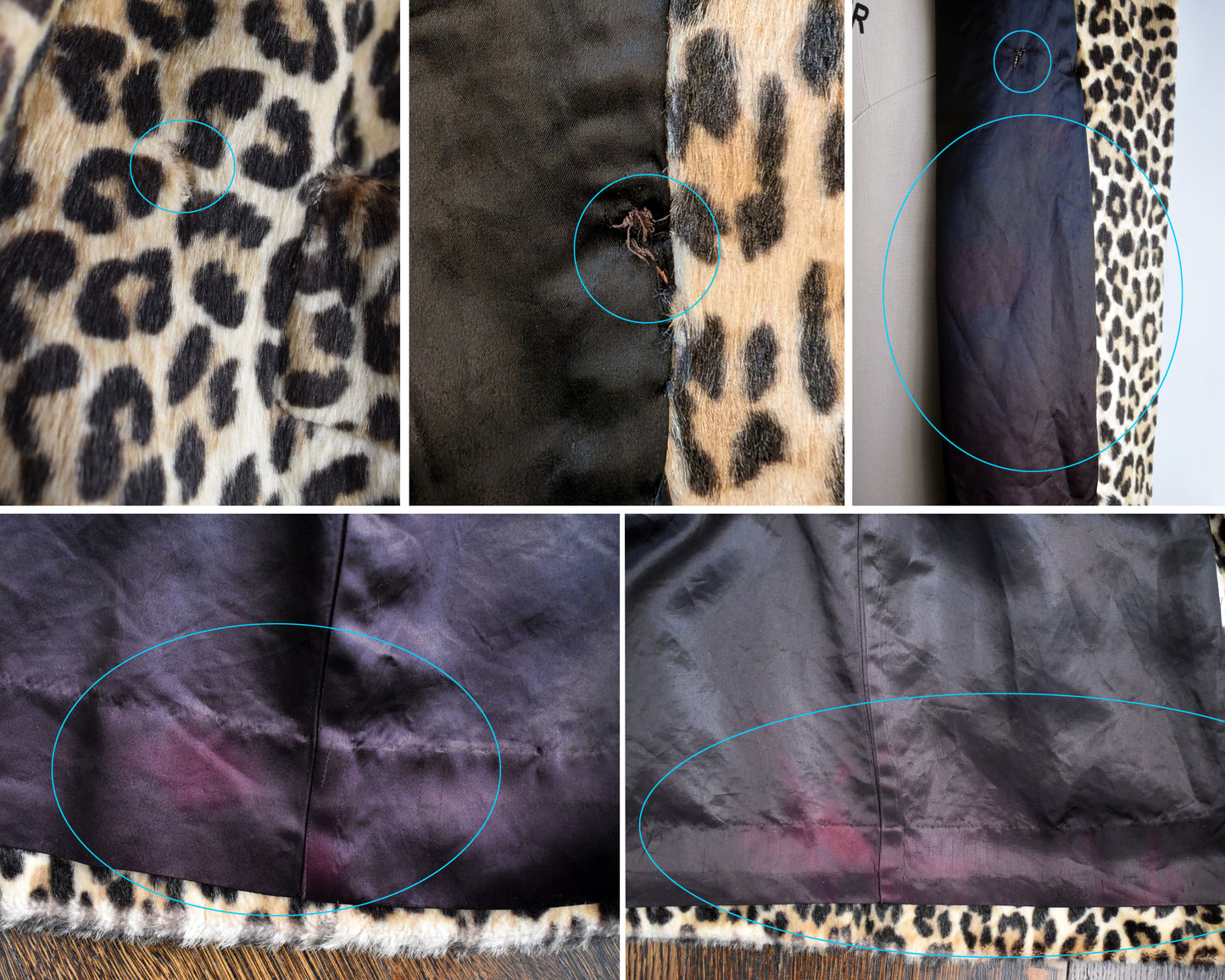a photo collage showing small flaws like missing fur, small mends, and some fading on the lining.