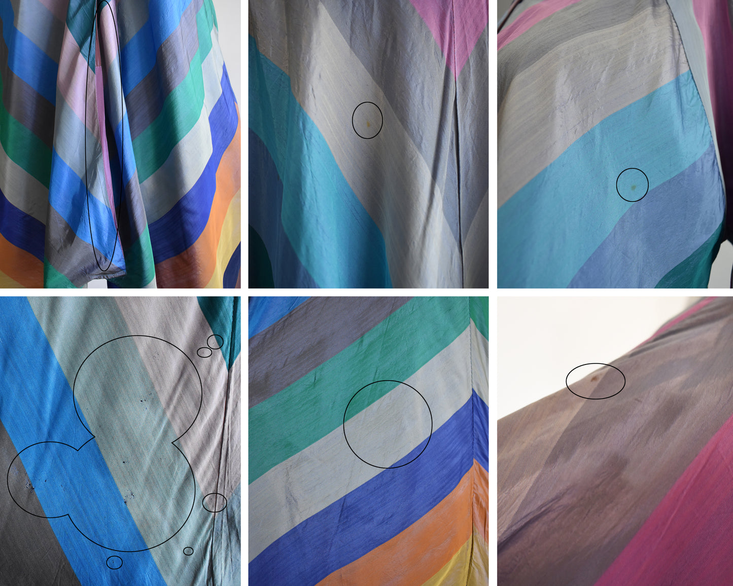 a collage showing flaws throughout the garment including some stains and small holes