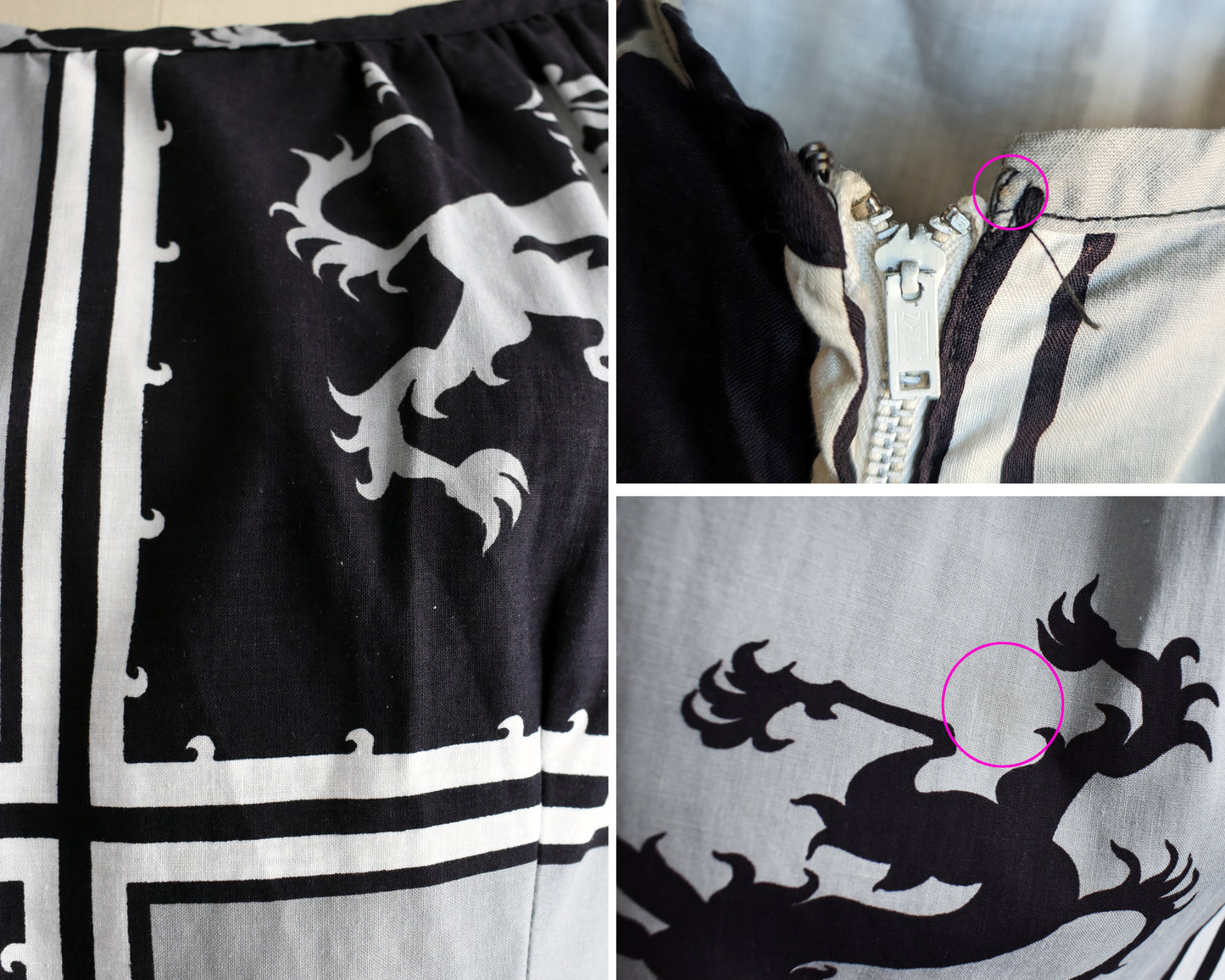 Close up of minor flaws: The left shows some slight piling to the fabric, the top right shows a small mark near the zipper, and the bottom right shows a faint stain on the skirt