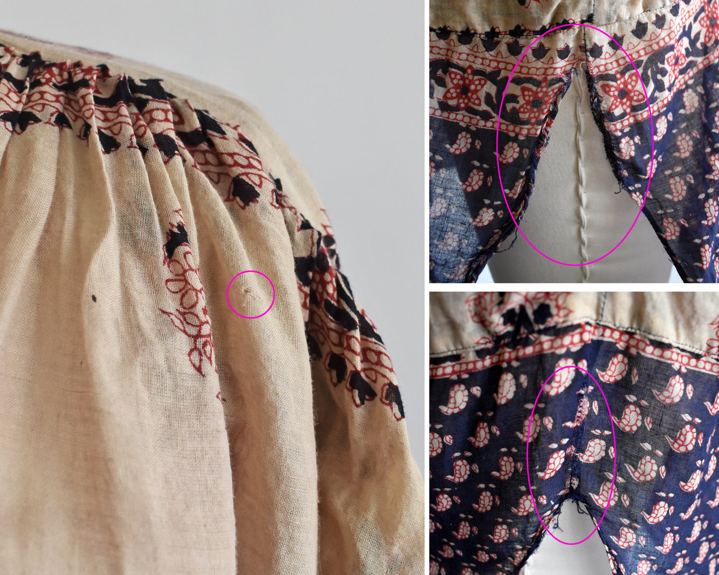 A photo collage of small flaws which include: A small hole on the left side of the shoulder, a the top right and left show stress to the side slit seams