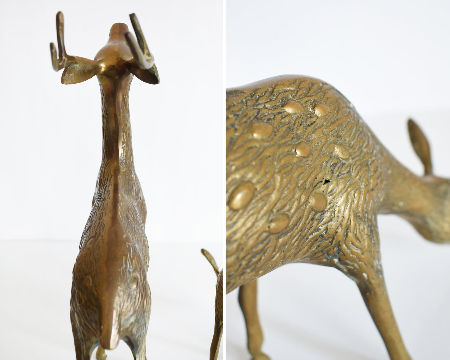 side by side close ups of the brass deer. the left shows how the buck is a little darker on one side than the other. the right photo shows a small hole on the side of the doe