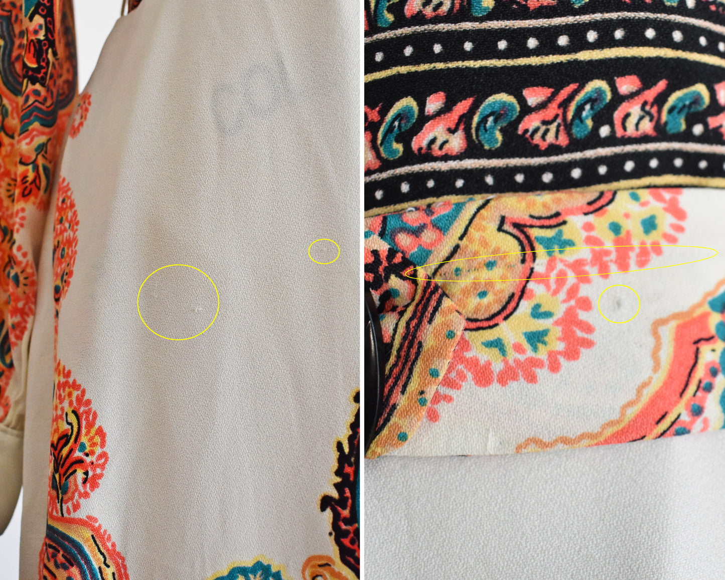 Side by side photos of small flaws. The left photo shows a few small pulls on the upper part of the skirt and the right shows a few small pulls on the belt