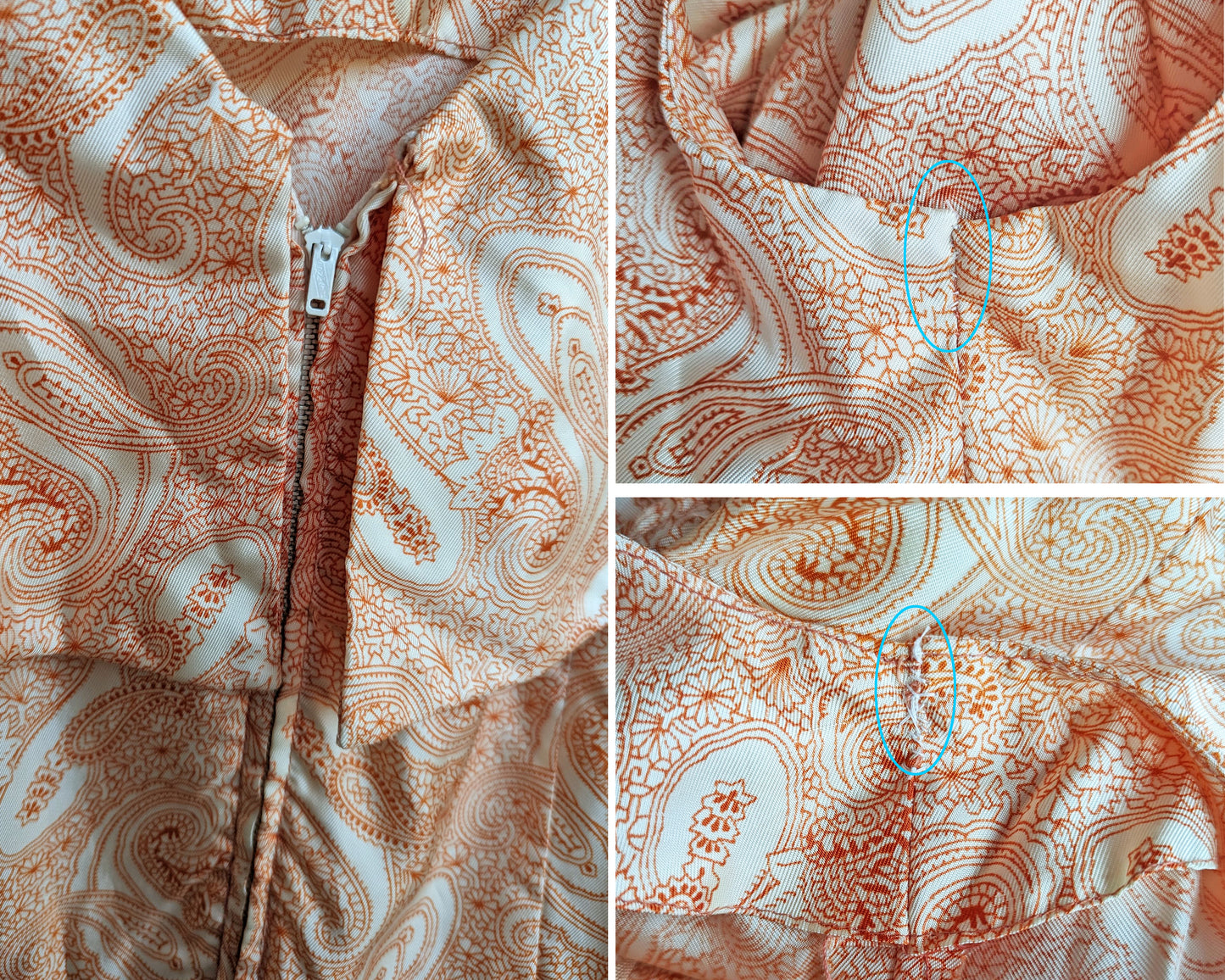 A photo collage of small flaws. On the left only the left side of the ruffle is sewn down. The right photos show the outside and inside of a the left underarm repair