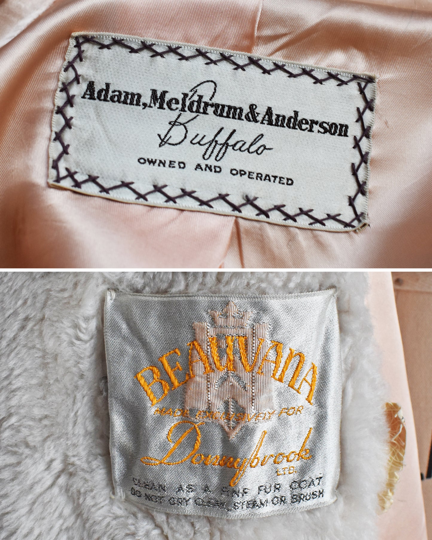 Side by side views of the tags, one that is a store tag Adam, Meldrum, & Anderson Buffalo and the button sames Beauvana my exclusively for Donnybrook