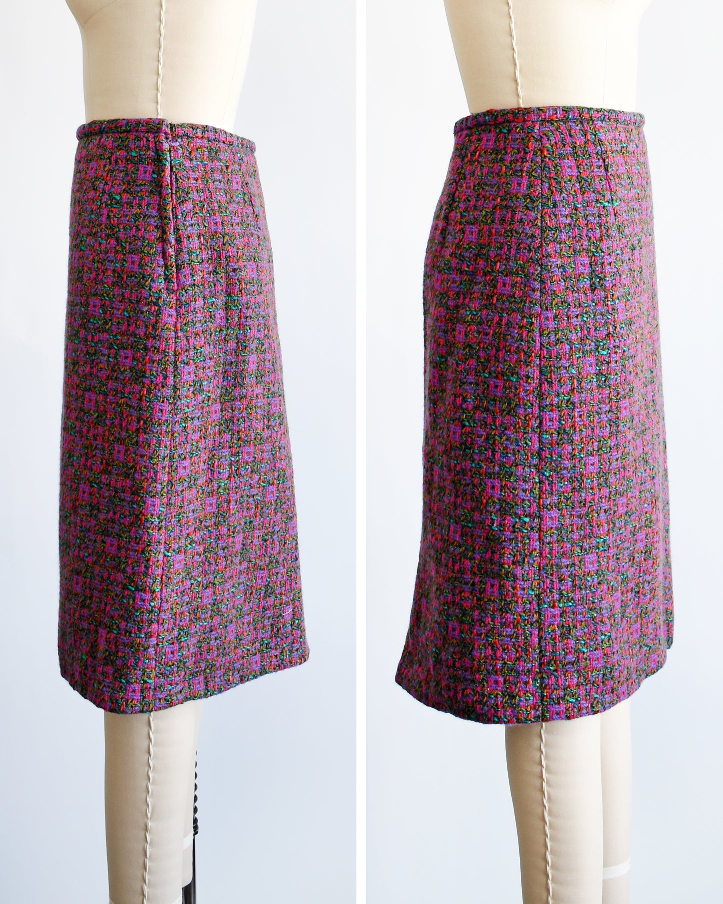 Side by side views of a This 1960s vintage tweed skirt showcases multi-colored woven wool, displaying a palette of bright pink, purple, teal, brown, green and red hues. The left photo shows where the zipper is under the waist.