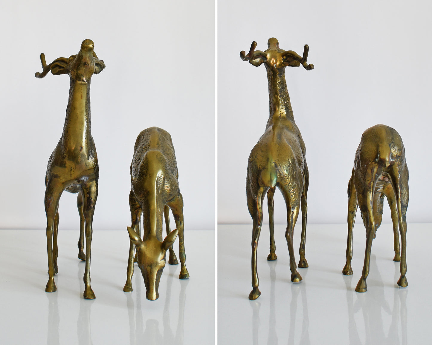 Side by side views of the front and back of the two brass deer