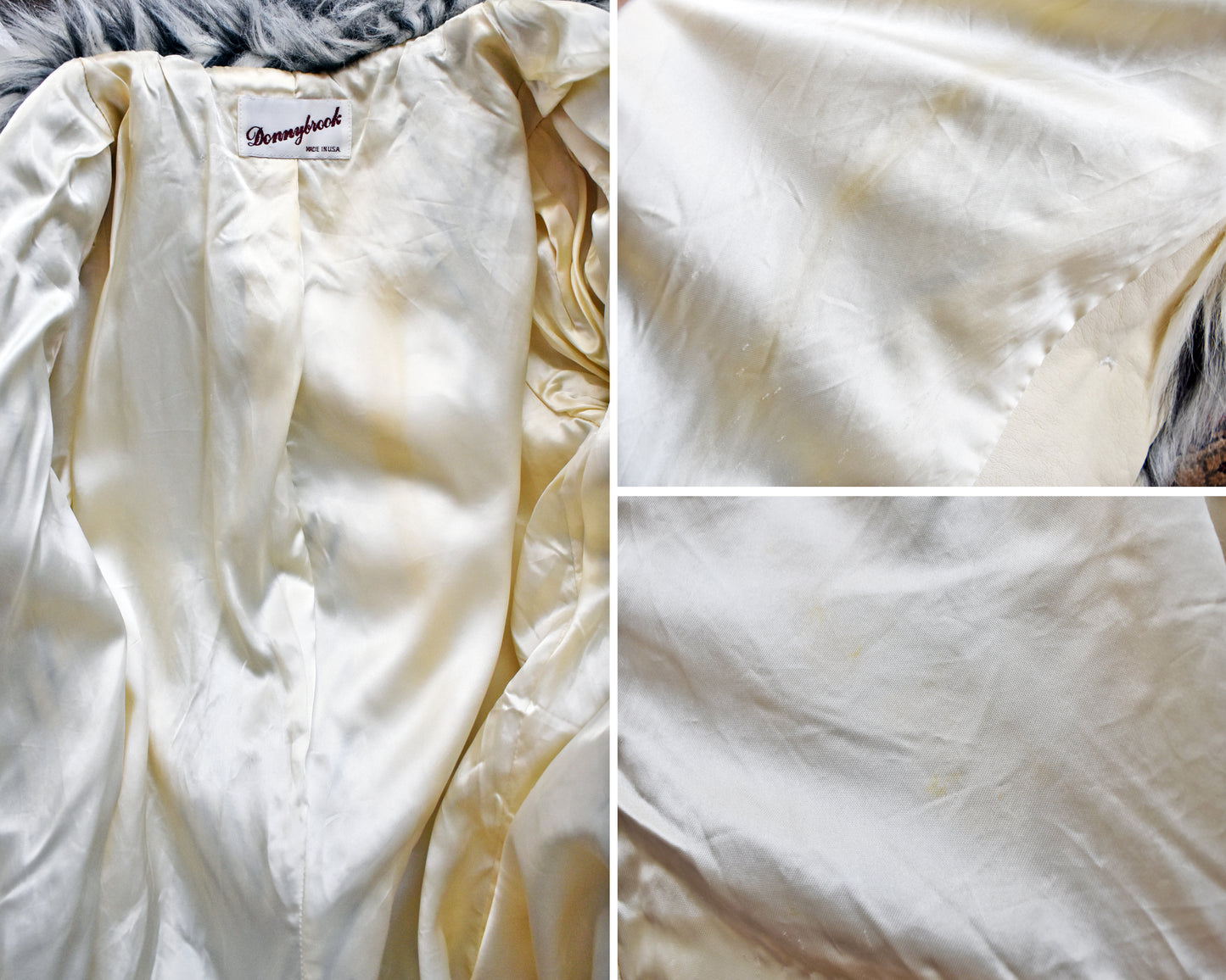 Close up of the lining which shows some yellowed spots that didn't come out during cleaning.