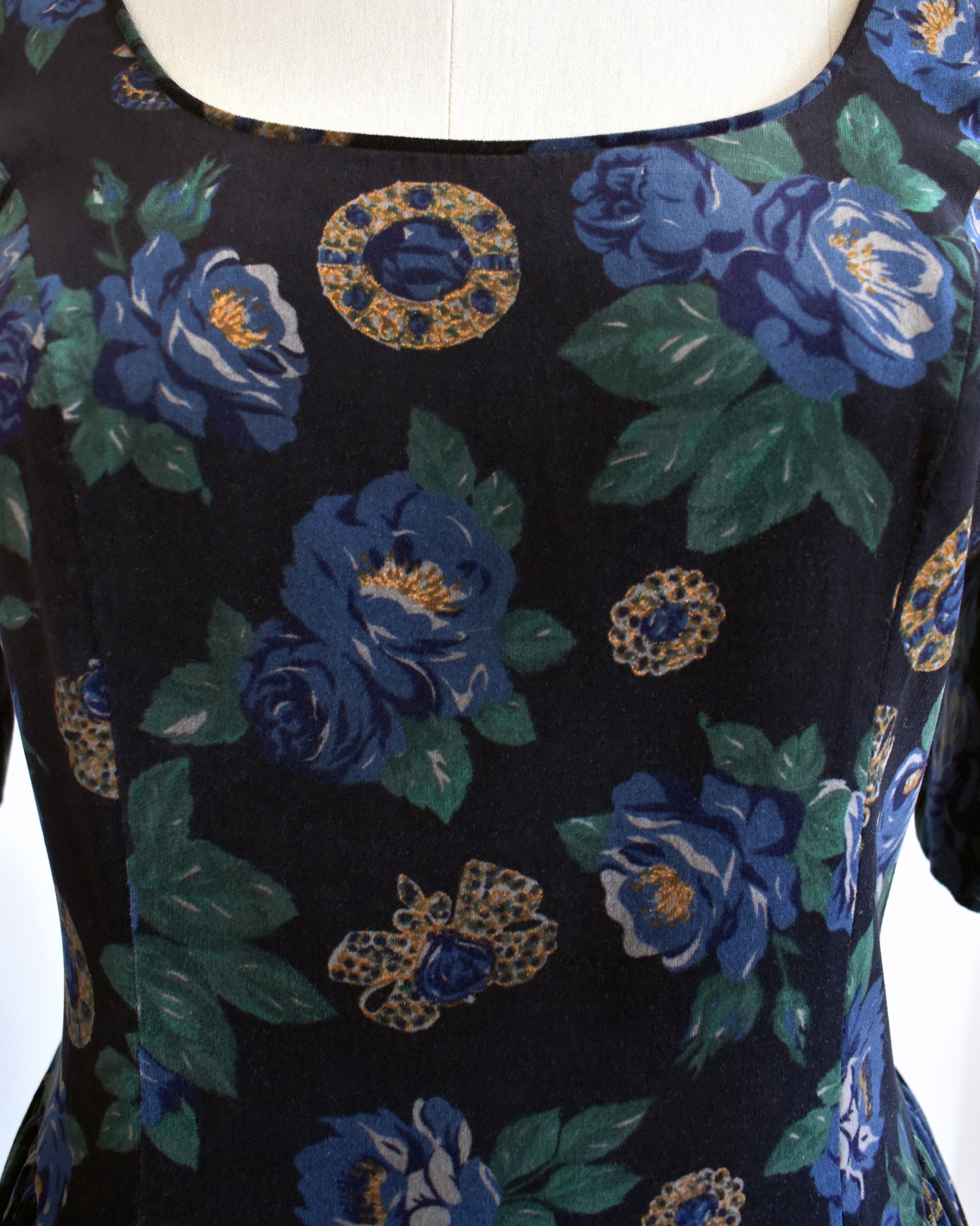 Close up of the floral and jewelry print