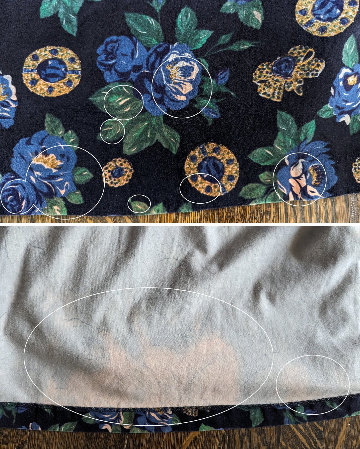 Side by side front and inside view of a discolored spit on the inside of the hem that shows up pink on the outside
