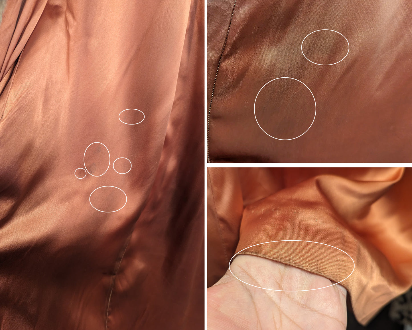 Close up of a few dark spots on the lining