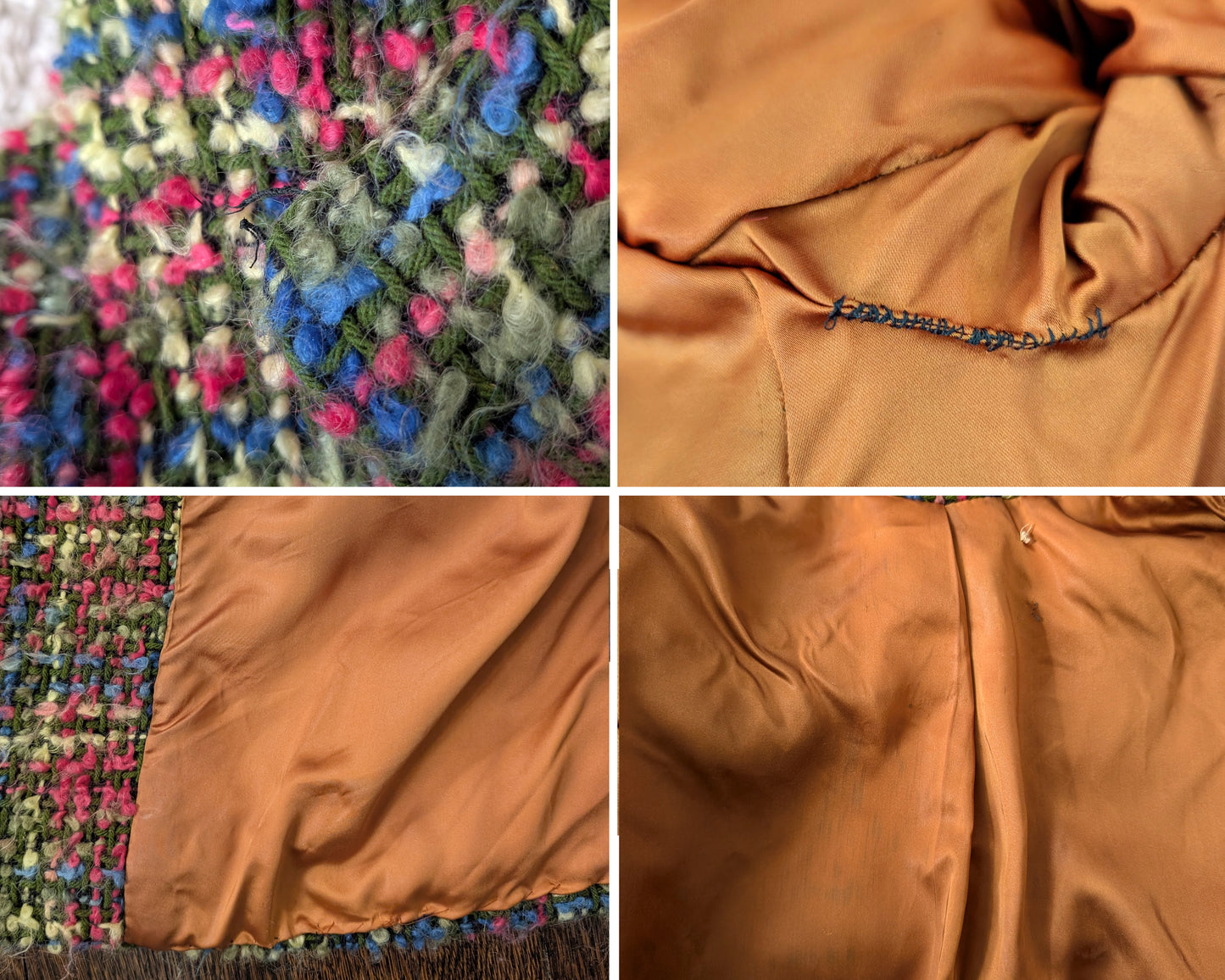 a photo collage of small flaws from left to right clockwise: the broken loop on the collar, underarm mending, spots on the lining, mends on the hem
