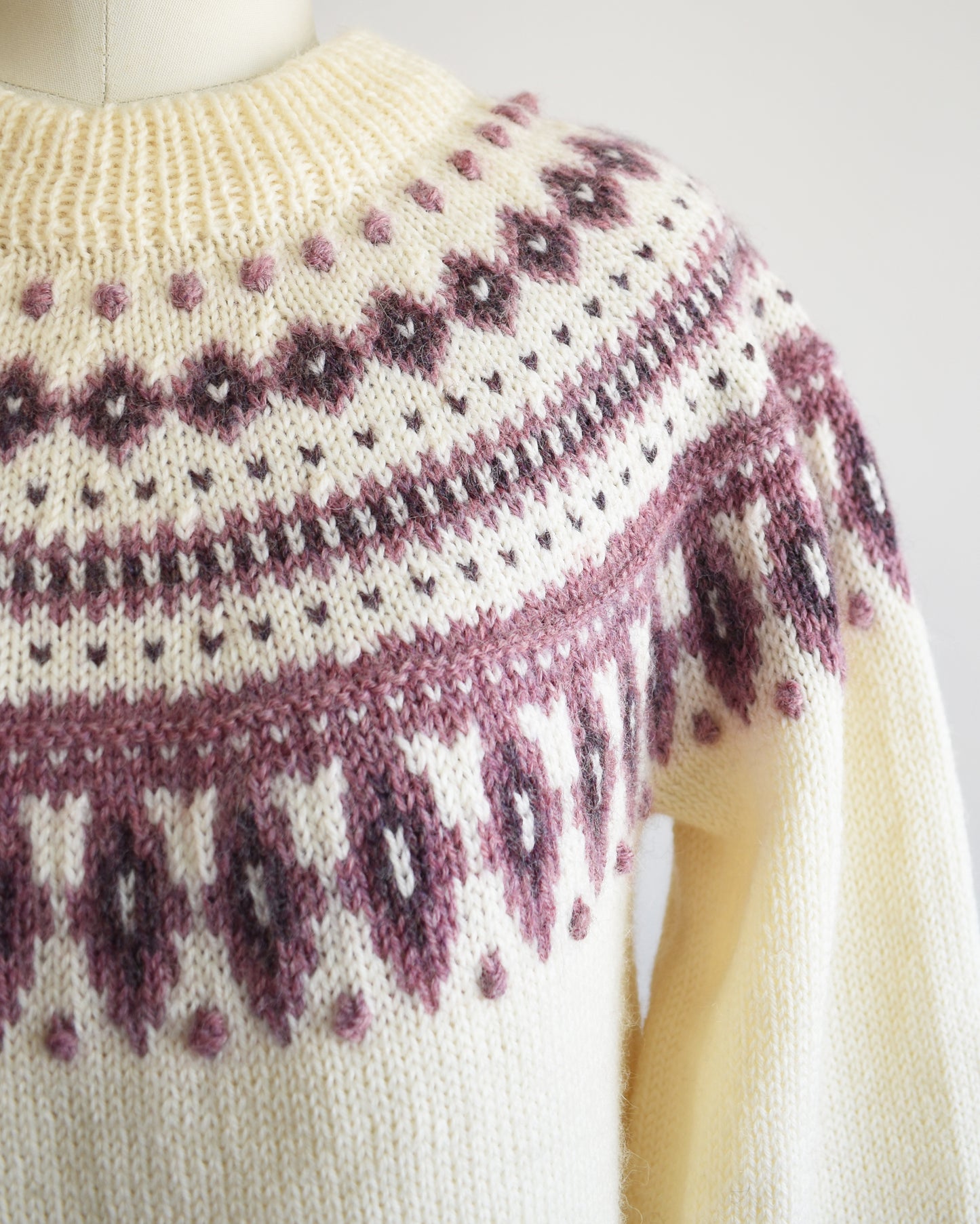 Close up of the purple fair isle pattern around the collar