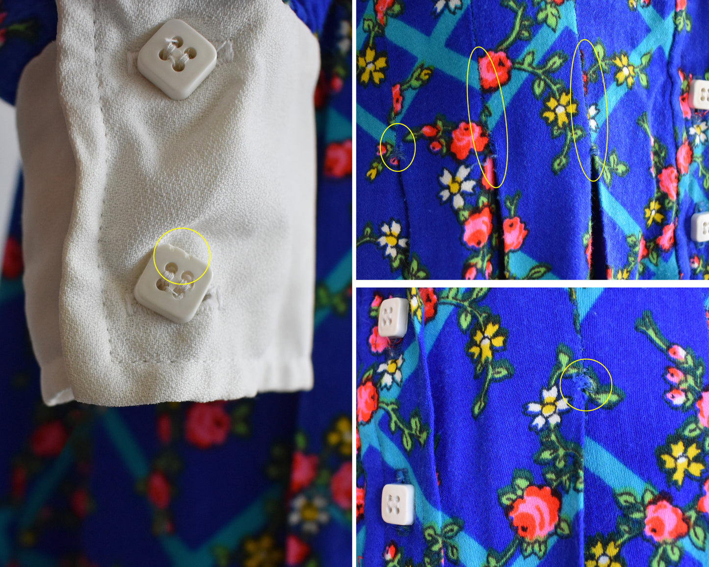 A collage of small flaws. The left shows chips on the buttons. The top right shows the seam stressing of the top of the pleats, and the bottom shows a frayed seam on the waist.