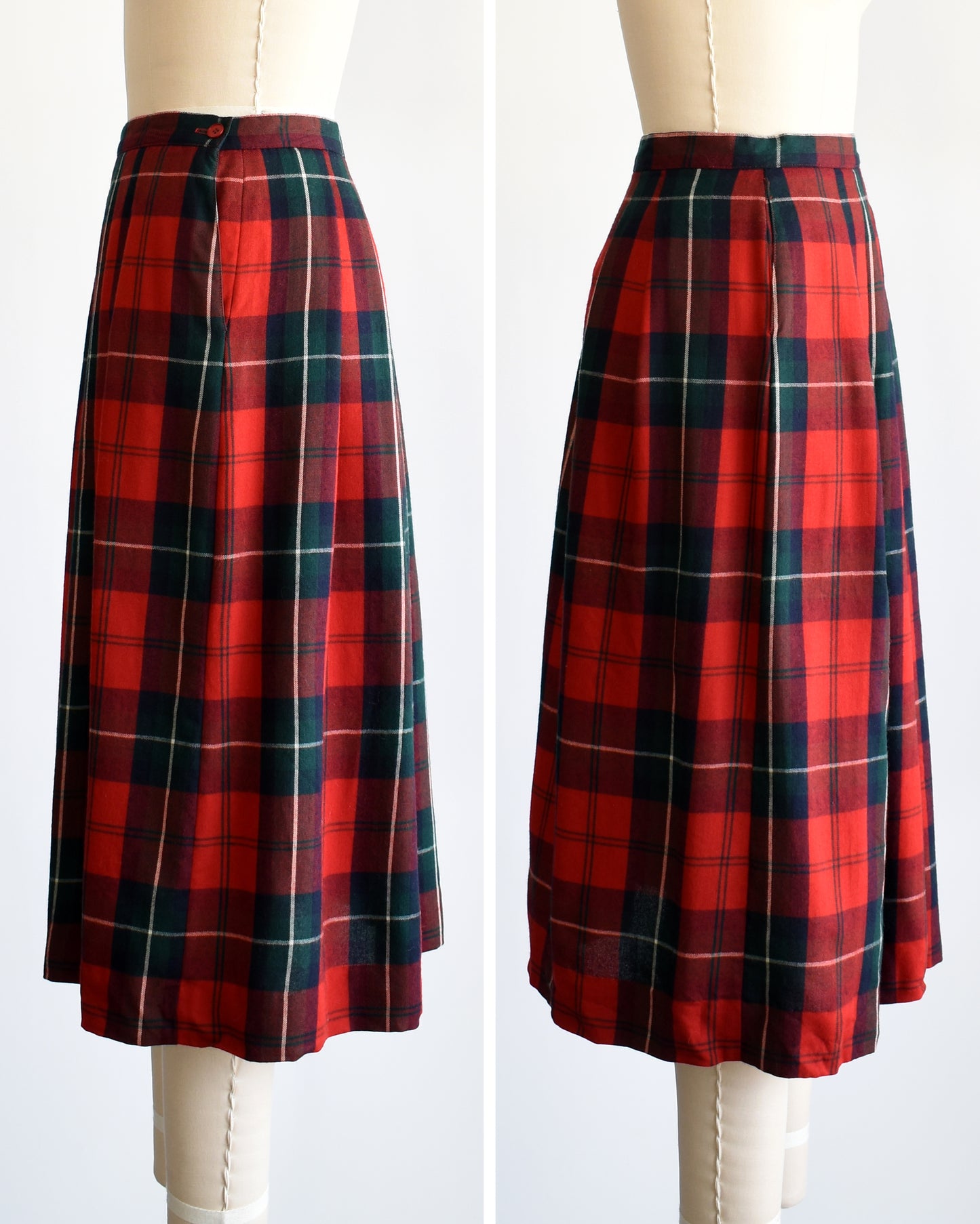 Side by side views of a vintage 80s red and green plaid pleated skirt on a dress form.