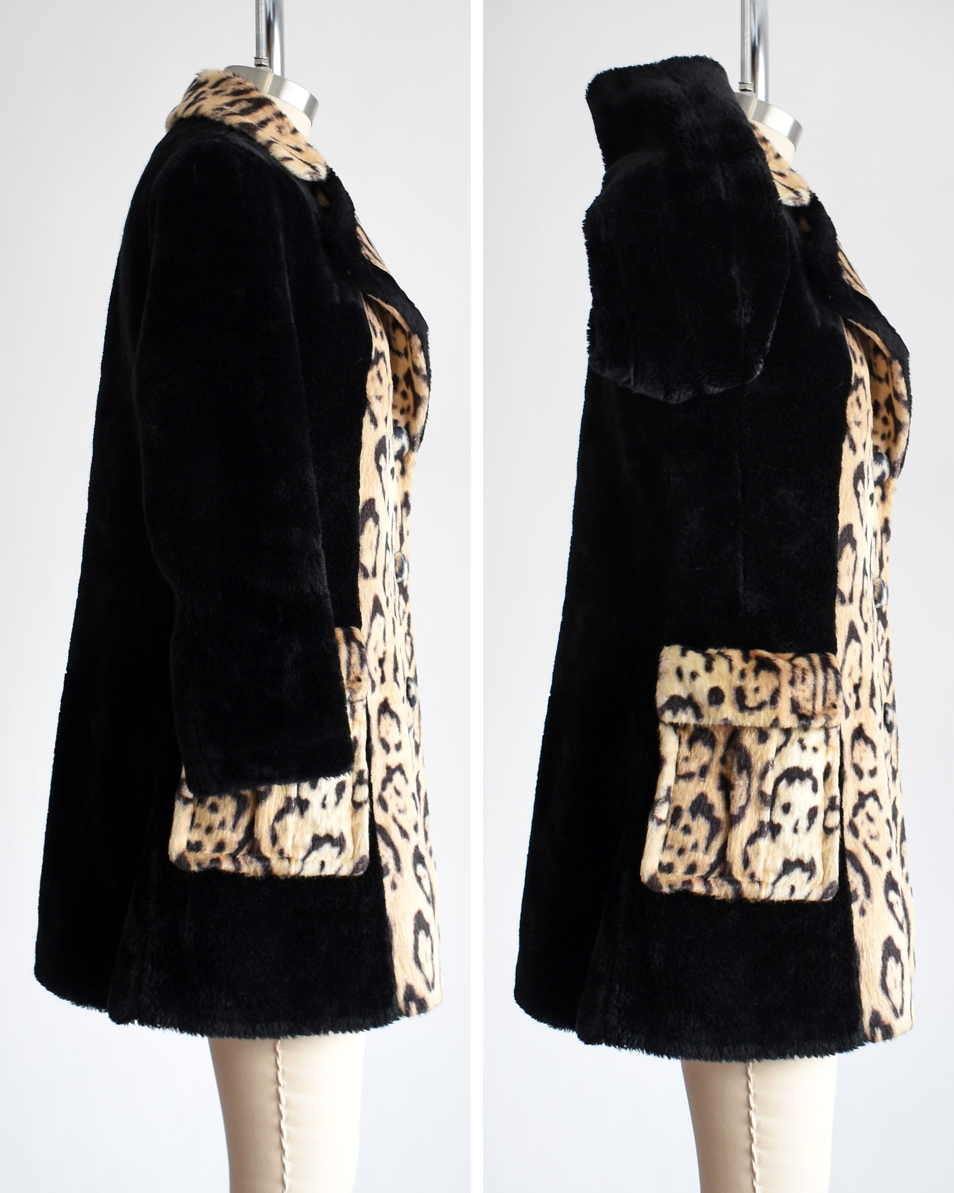 Side by side views of a vintage late 1960s early 1970s leopard faux fur coat that has large leopard print on the collar, down the front, and on the large side pockets. Black plush long sleeves, sides, and back. Matching black trim on the collar. The right photo shows the arm up which shows the pocket on the side.